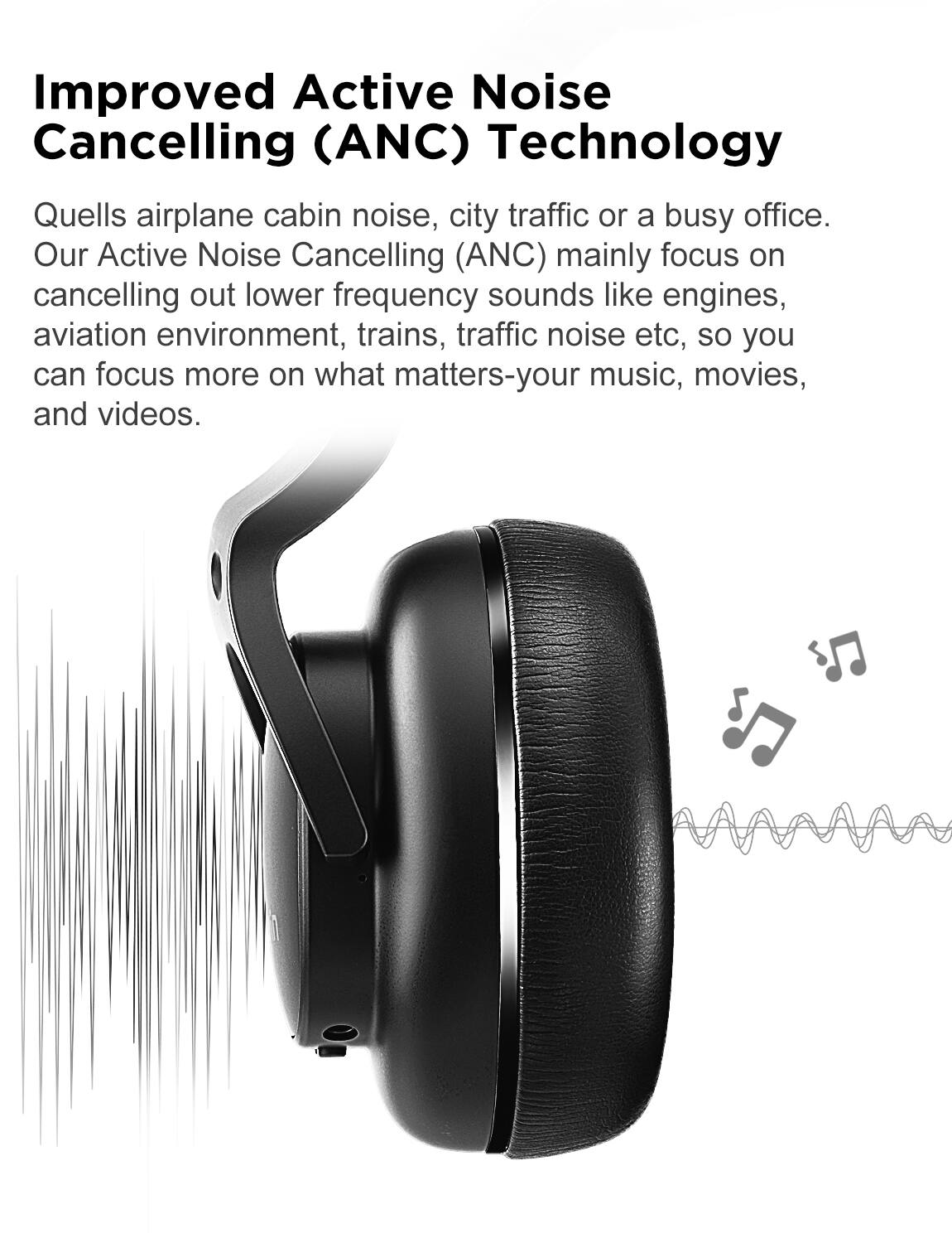 Improved Active Noise Cancelling (ANC) Technology

Quells airplane cabin noise, city traffic or a busy office. Our Active Noise Cancelling (ANC) mainly focus on cancelling out lower frequency sounds like engines, aviation environment, trains, traffic noise etc, so you can focus more on what matters-your music, movies, and videos.