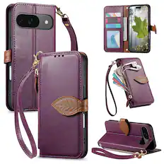 Front. Dteck - Case for Google Pixel 11 Pro/11 Shockproof Flip PU Leather Zipper Card Slot Leaf Magnetic Buckle Wallet Cover With Strap - Purple.