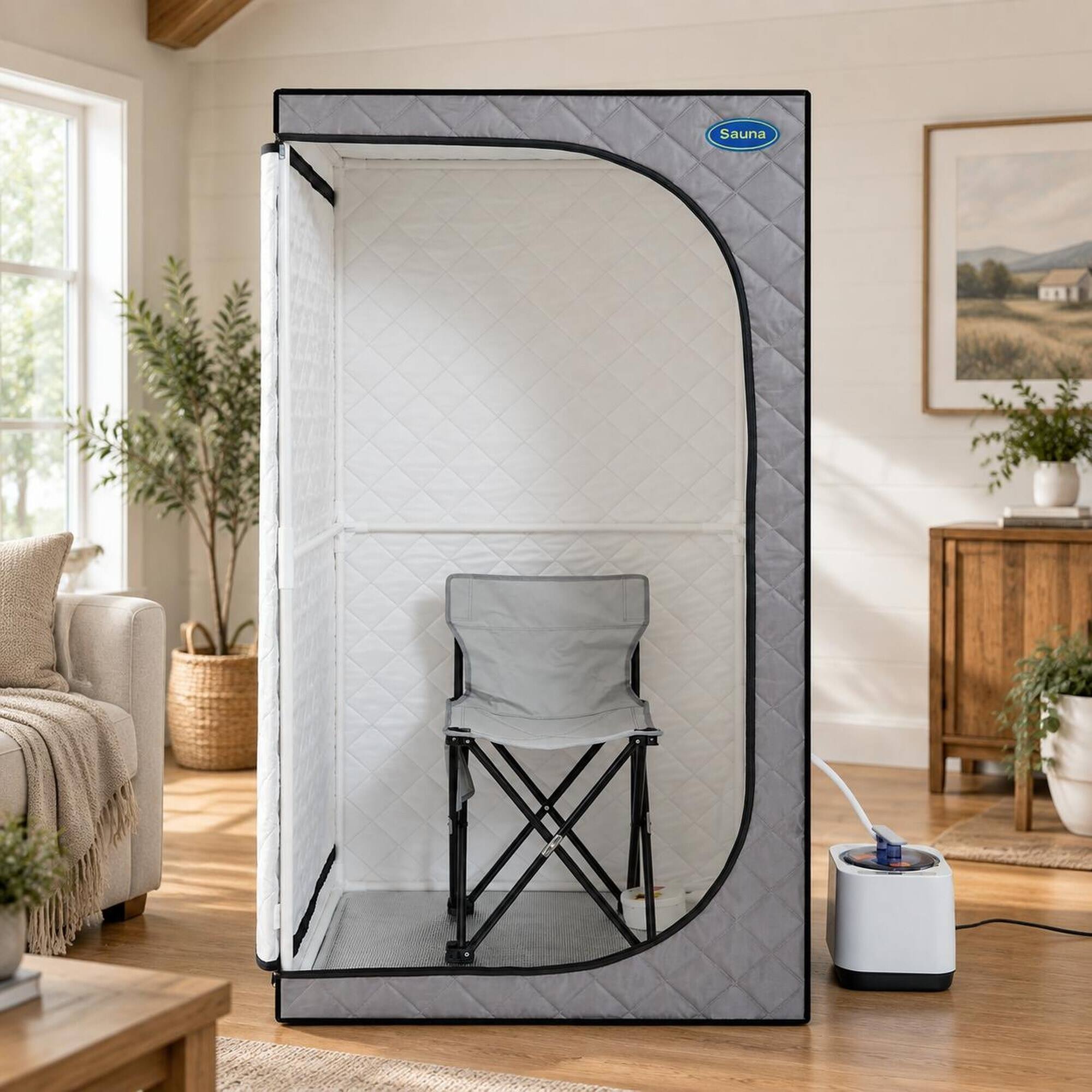 Alt View 1. RYHNUYNE - Portable Grey Steam Sauna Tent, Personal Home Spa, 2.2L Steam Generator, Remote Control, Foldable Chair, PVC Pipe - Cement Grey.