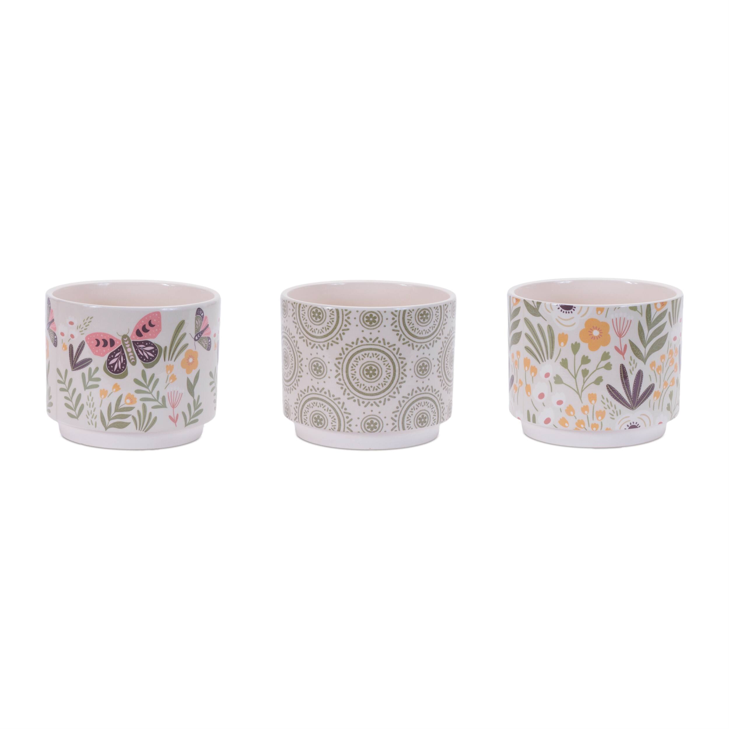 BreeBe - Stone Floral Patterned Planter (Set of 3) - Beige, Green