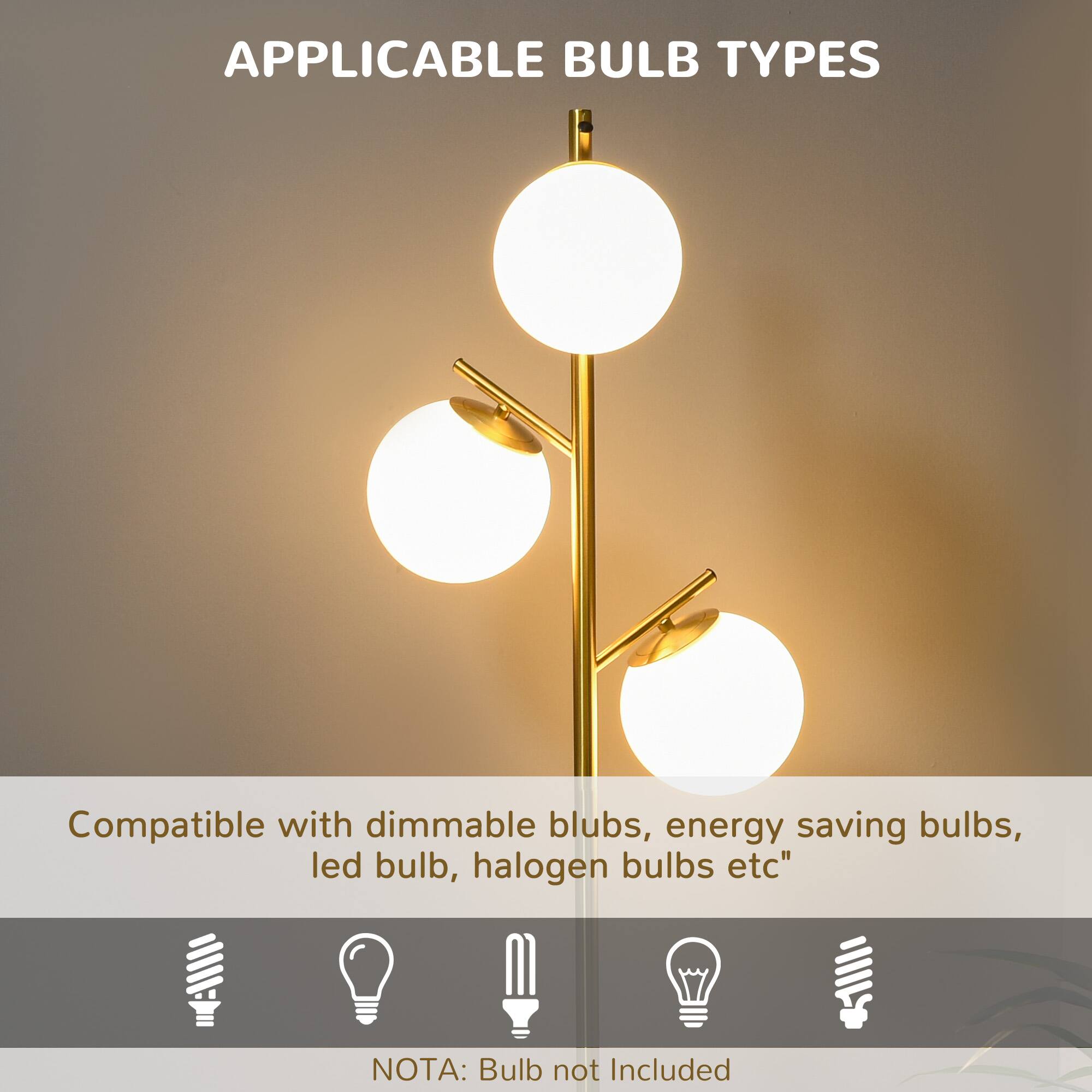 APPLICABLE BULB TYPES

Compatible with dimmable bulbs, energy-saving bulbs, LED bulbs, halogen bulbs, etc.

NOTA: Bulb not included