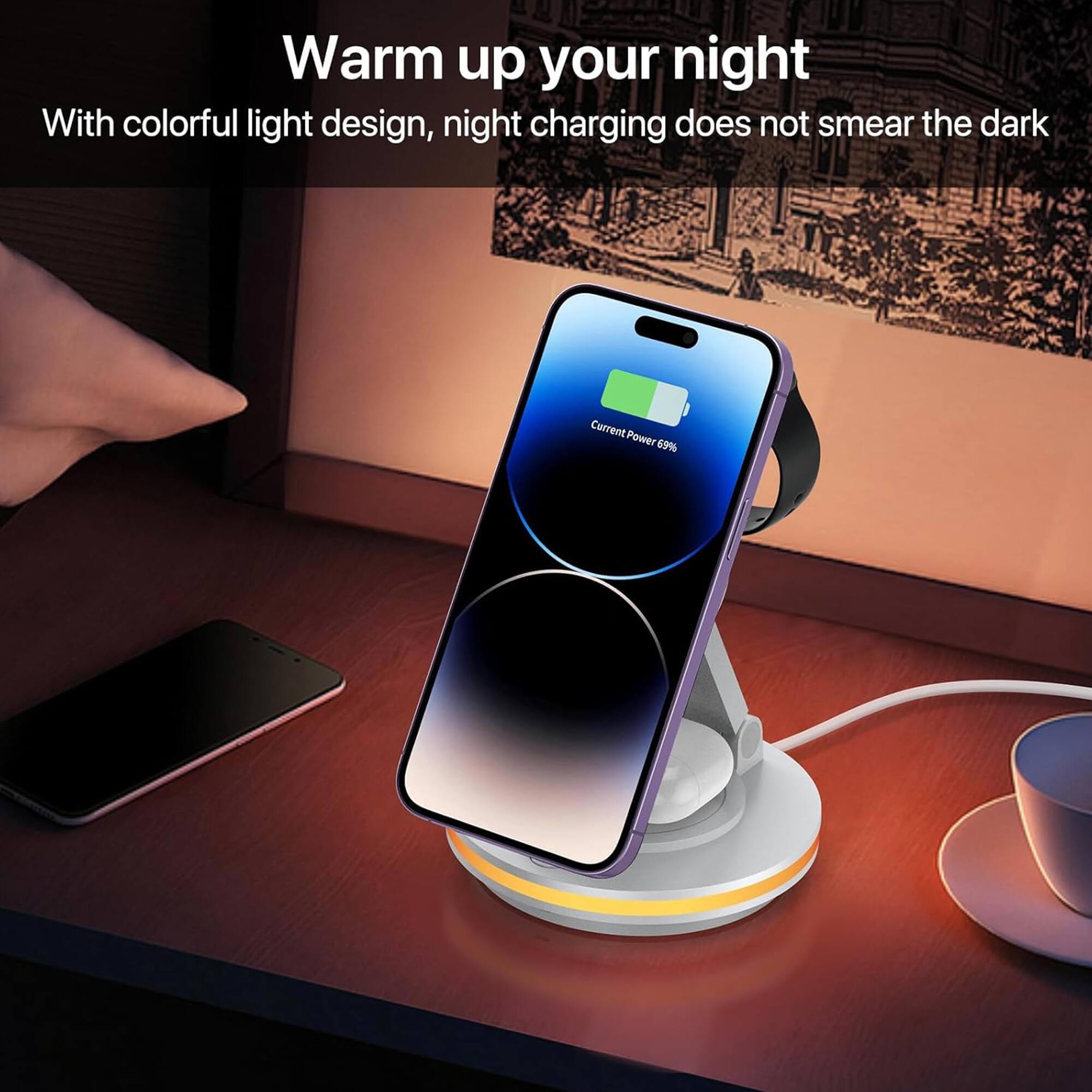 Warm up your night  
With colorful light design, night charging does not smear the dark  
Current Power 69%
