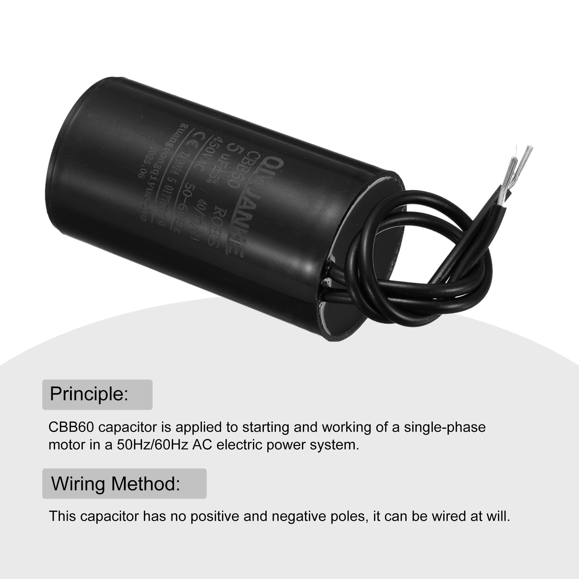 CE 5 90 guangdongqi.yu 2025 202024 450VAC uF5% CBB60 5 yuaae 017760759 50-6022 40/10/21 QIYUANHE ROES SB

Principle: CBB60 capacitor is applied to starting and working of a single-phase motor in a 50Hz/60Hz AC electric power system.

Wiring Method: This capacitor has no positive and negative poles, it can be wired at will.