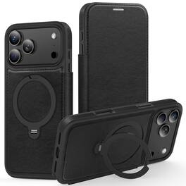 Dteck - For Apple iPhone 17 Pro Max Shockproof Leather RFID Blocking Card Slots Full Protection Mag Safe Case RIng Kickstand - Black