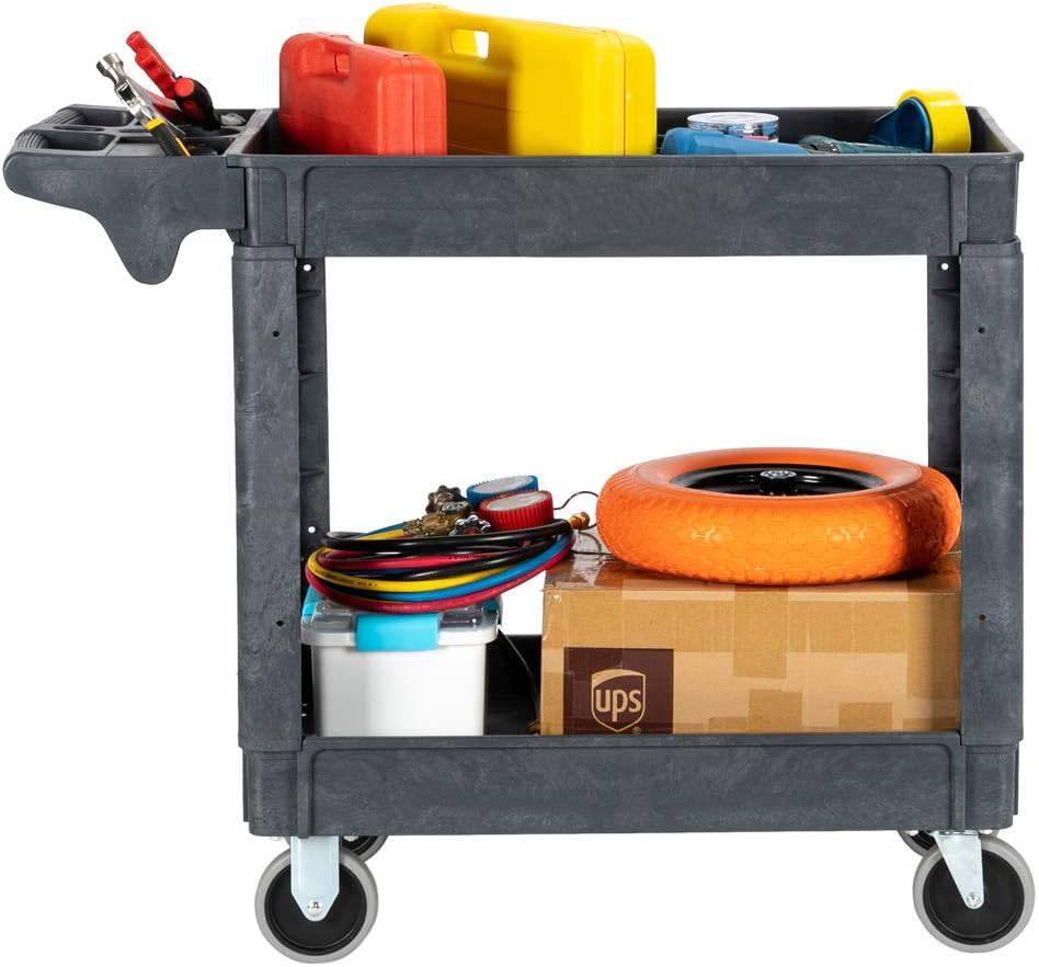 Angle. Winado - Heavy Duty 2 Shelf Plastic Rolling Utility Cart Service Storage Cart with 360° Swivel Wheels, Handle for Hotel & Garage - Gray.