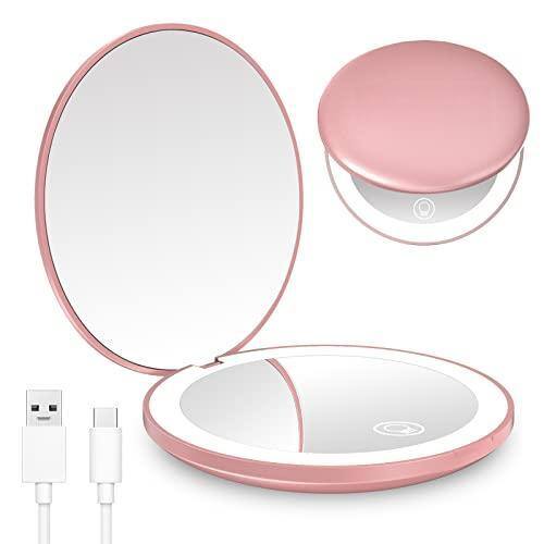 Pacoar Cade - Travel Mirror With Light Rechargeable /Compact Magnifying Pocket Handheld side Inch Size For Handbag Purse Gift - One-sided Light-rose Gold