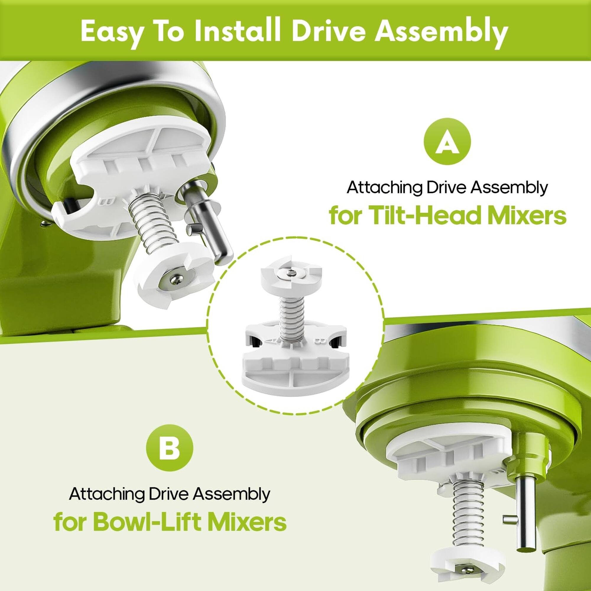 Easy To Install Drive Assembly

A. Attaching Drive Assembly for Tilt-Head Mixers

B. Attaching Drive Assembly for Bowl-Lift Mixers