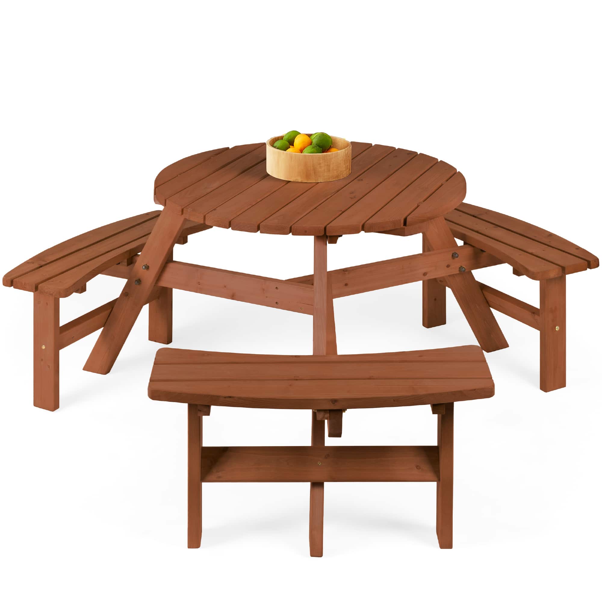 Best Choice Products - 6-Person Circular Outdoor Wooden Picnic Table w/ 3 Built-In Benches, 500lb Capacity - Acorn