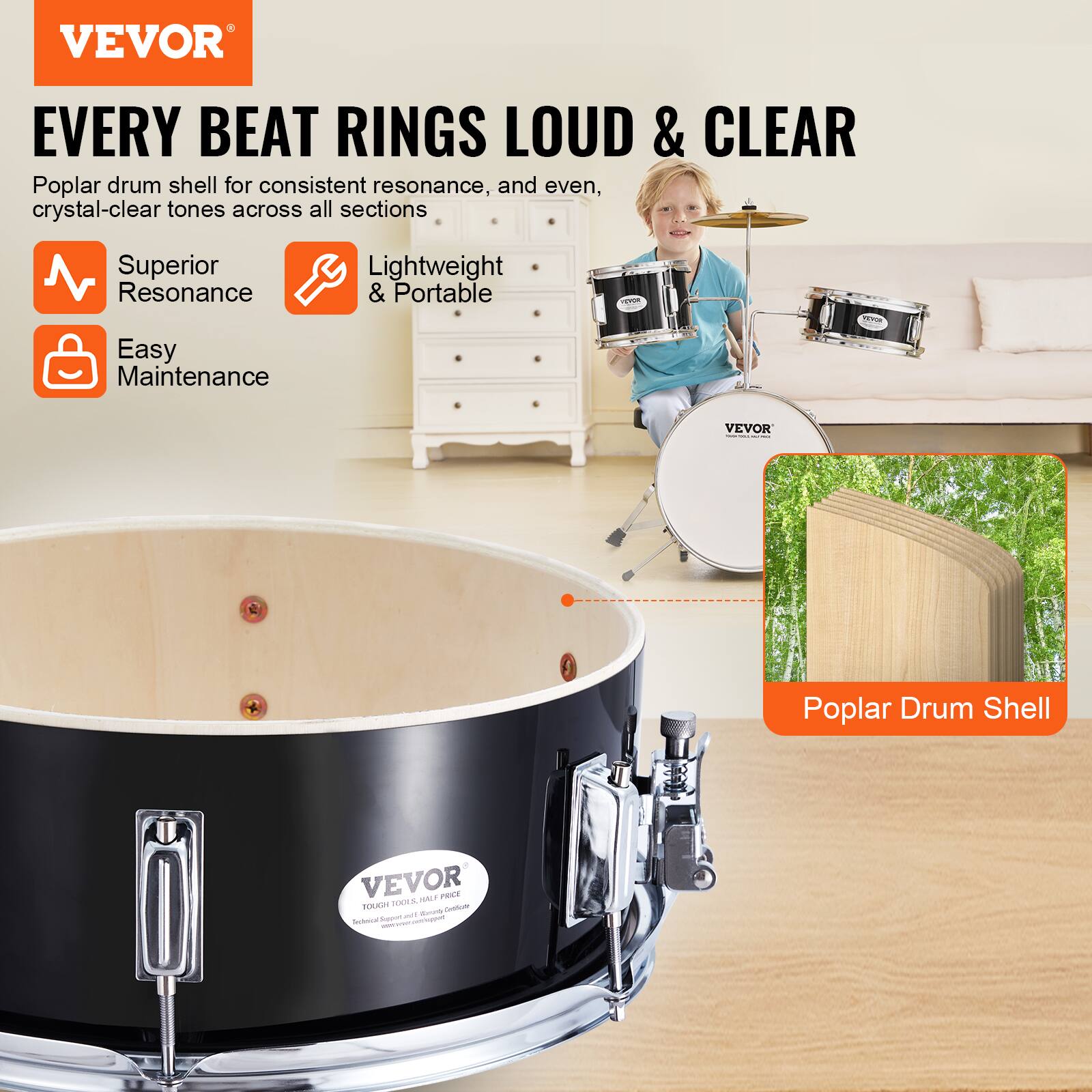 VEVOR

EVERY BEAT RINGS LOUD & CLEAR

Poplar drum shell for consistent resonance, and even, crystal-clear tones across all sections

- Superior Resonance
- Lightweight & Portable
- Easy Maintenance

Poplar Drum Shell
