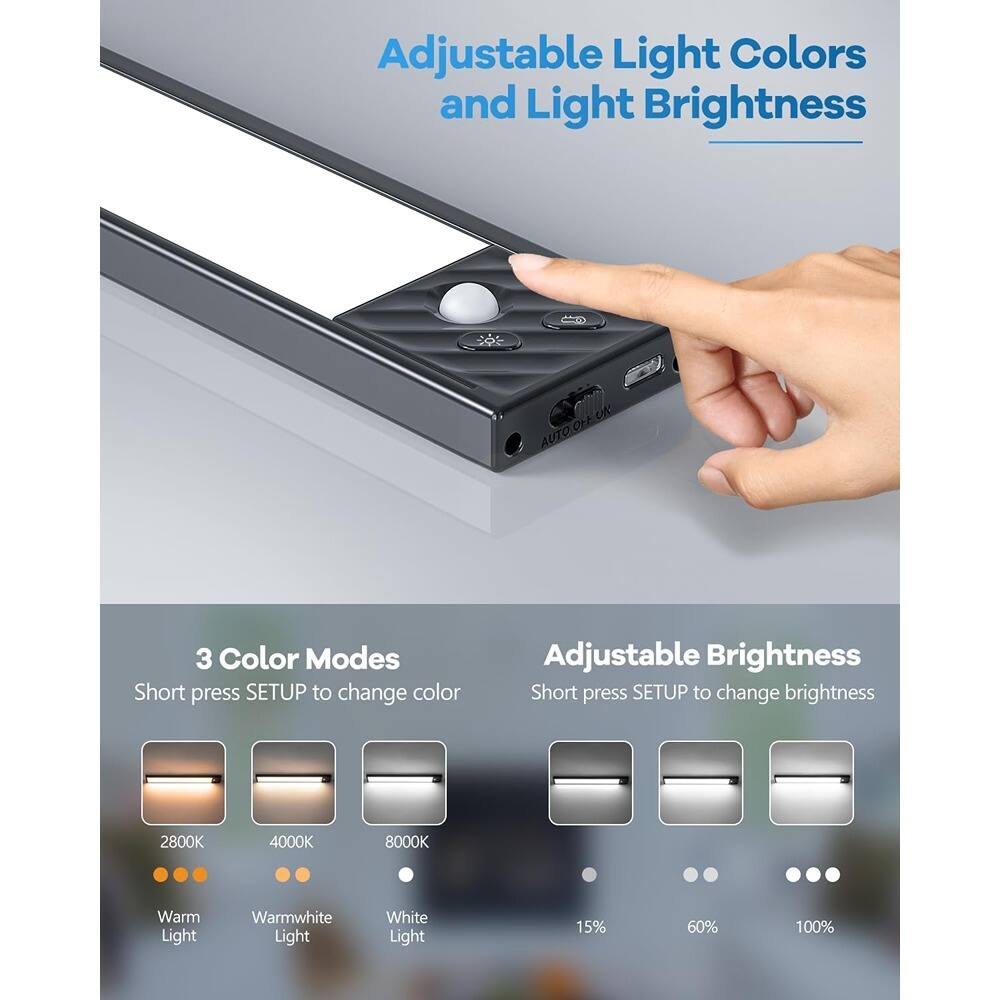 Adjustable Light Colors and Light Brightness

3 Color Modes
Short press SETUP to change color
- 2800K Warm Light
- 4000K Warmwhite Light
- 8000K White Light

Adjustable Brightness
Short press SETUP to change brightness
- 15%
- 60%
- 100%