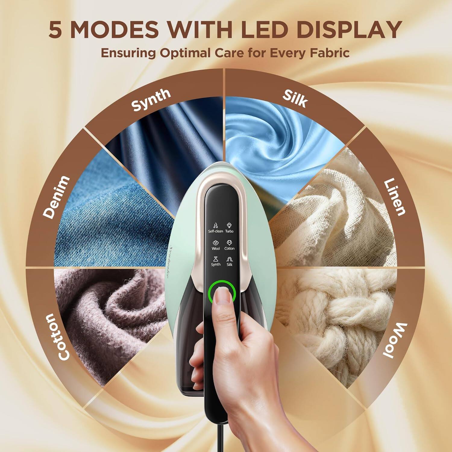 5 MODES WITH LED DISPLAY  
Ensuring Optimal Care for Every Fabric  
Synth Silk Denim Cotton Linen Wool