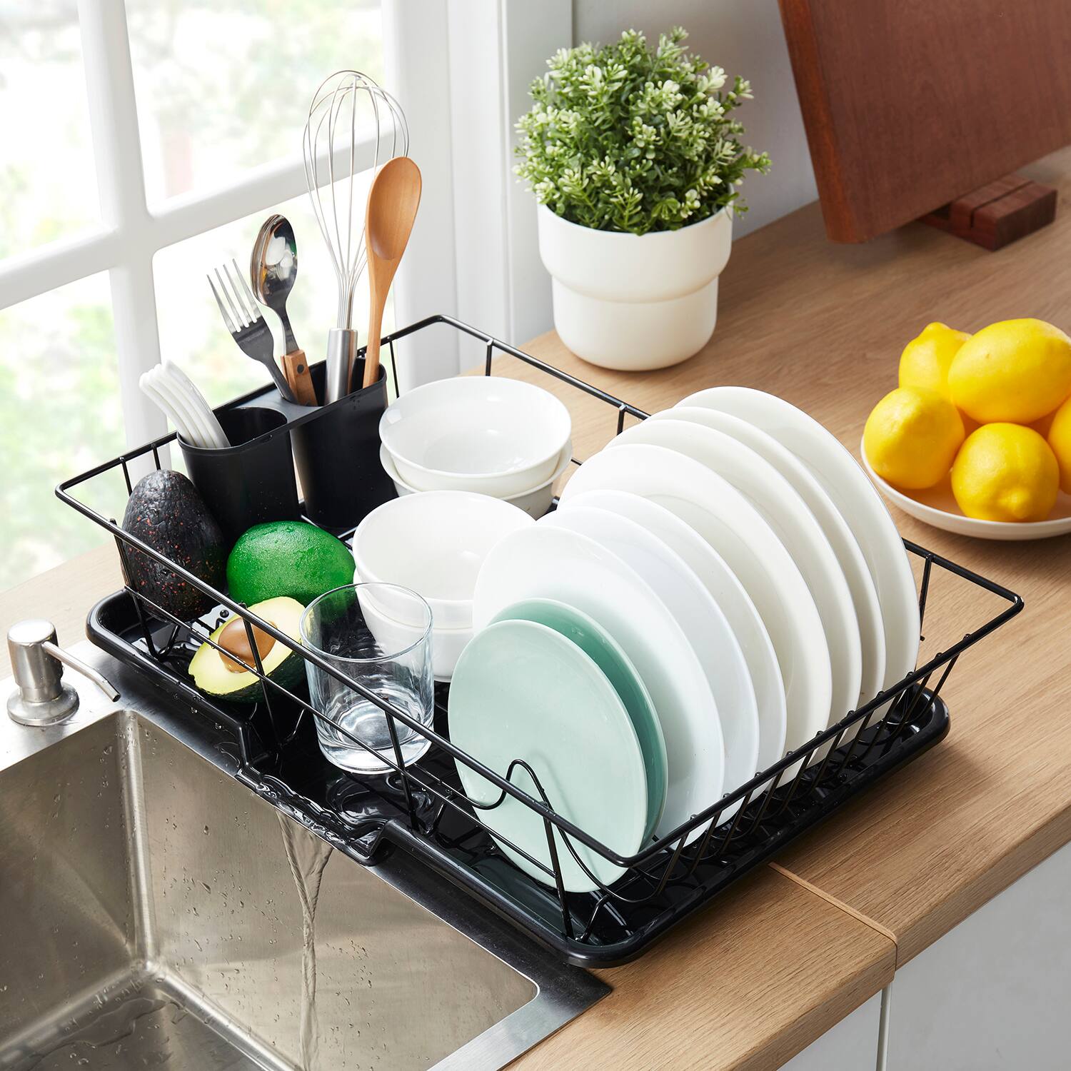 Back. Sweet Home Collection - Steel 3-Piece Large Countertop Dish Drainer with Drain Board & Utensil Holder - Black.