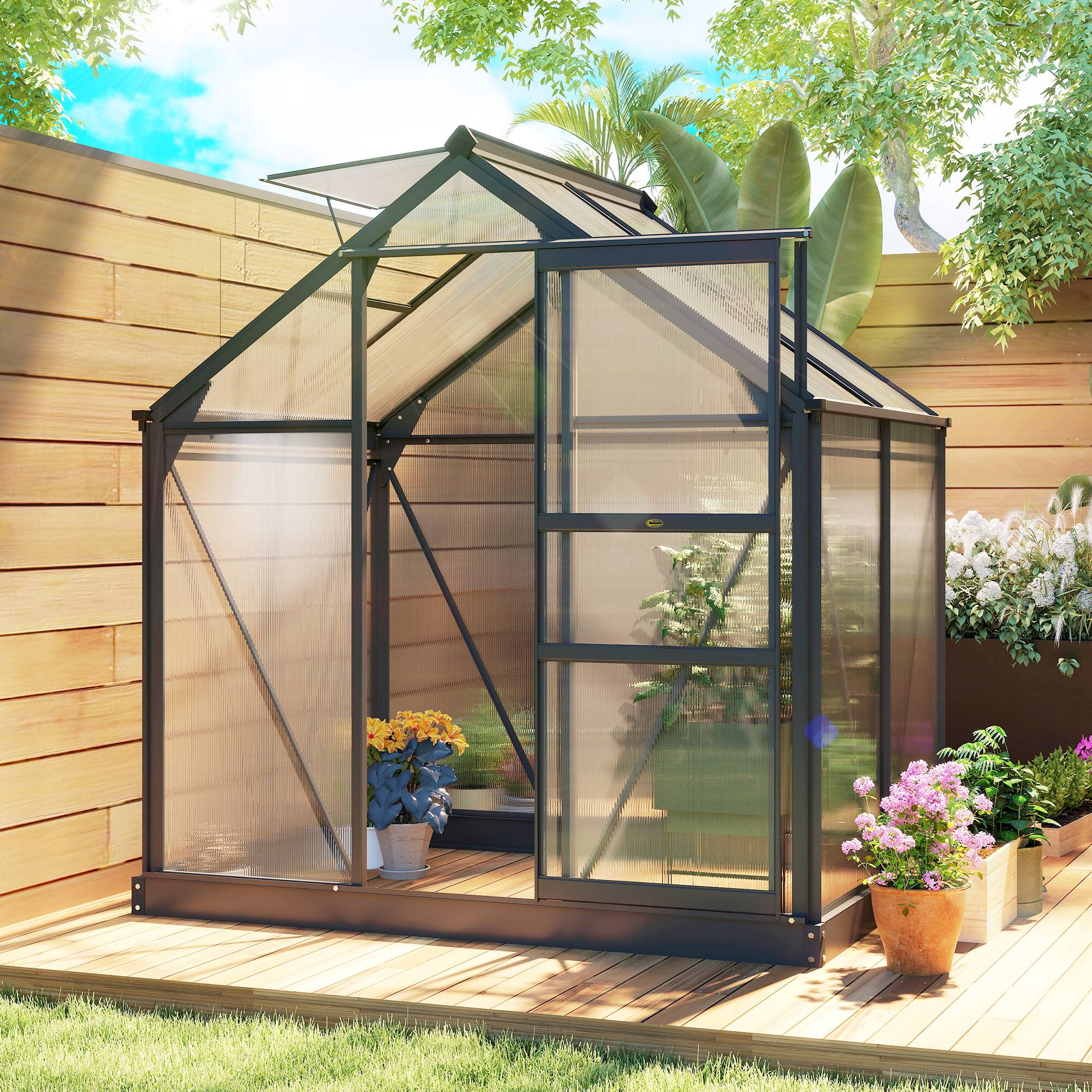 Alt View 1. Outsunny - Polycarbonate Greenhouse, Heavy Duty Outdoor Aluminum Walk-in Green House Kit Vent Door.