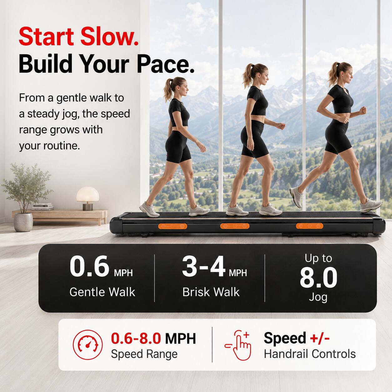 Start Slow.  
Build Your Pace.  
From a gentle walk to a steady jog, the speed range grows with your routine.  

0.6 MPH Gentle Walk  
3-4 MPH Brisk Walk  
Up to 8.0 Jog  

0.6-8.0 MPH Speed Range  
Speed +/- Handrail Controls