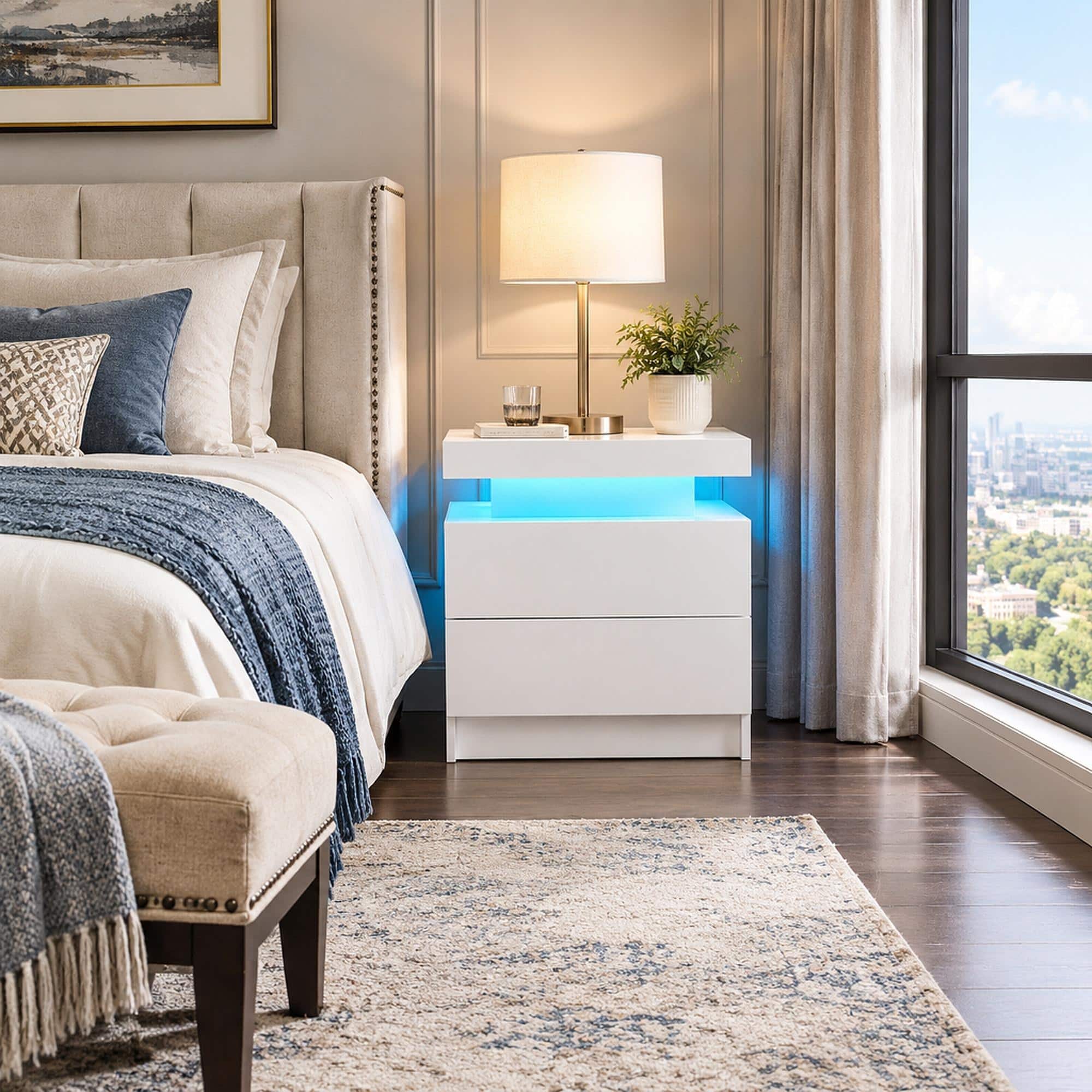 RYHNUYNE - LED Nightstand with 2 Drawers, Modern Bedside Table, Multi-Color Lights, End Table for Bedroom and Living Room - White