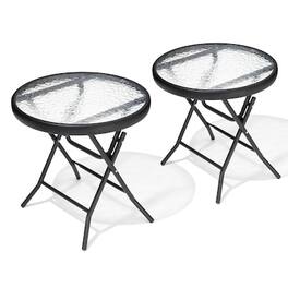Crestlive Products - 2pc 18in Foldable Glass Top Outdoor Steel Frame Side Round Outdoor End Table 17.72inWx17.72inL - Black