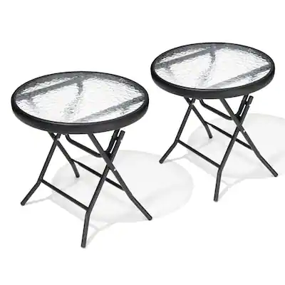 Front. Crestlive Products - Crestlive Products 2pc 18in Foldable Glass Top Outdoor Steel Frame Side Round Outdoor End Table - Black.