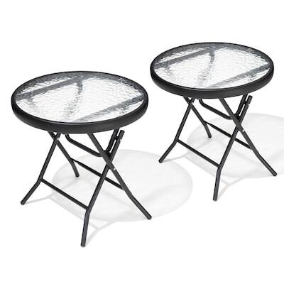 Front. Crestlive Products - Crestlive Products 2pc 18in Foldable Glass Top Outdoor Steel Frame Side Round Outdoor End Table 17.72inWx17.72inL - Black.