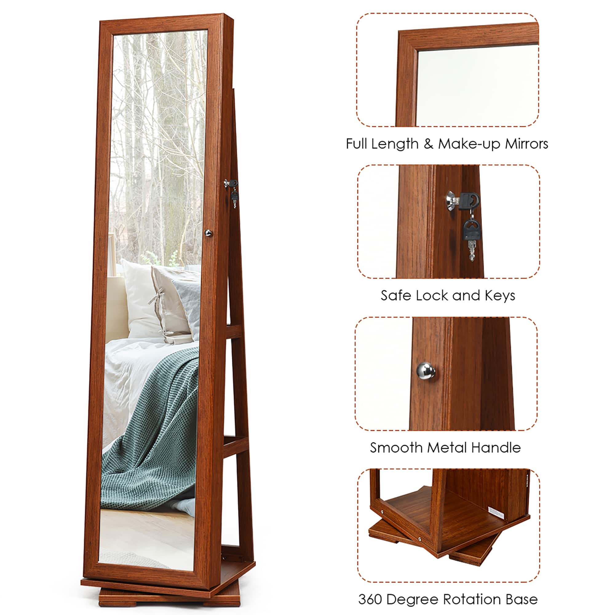 Full Length & Make-up Mirrors Safe Lock and Keys Smooth Metal Handle 360 Degree Rotation Base