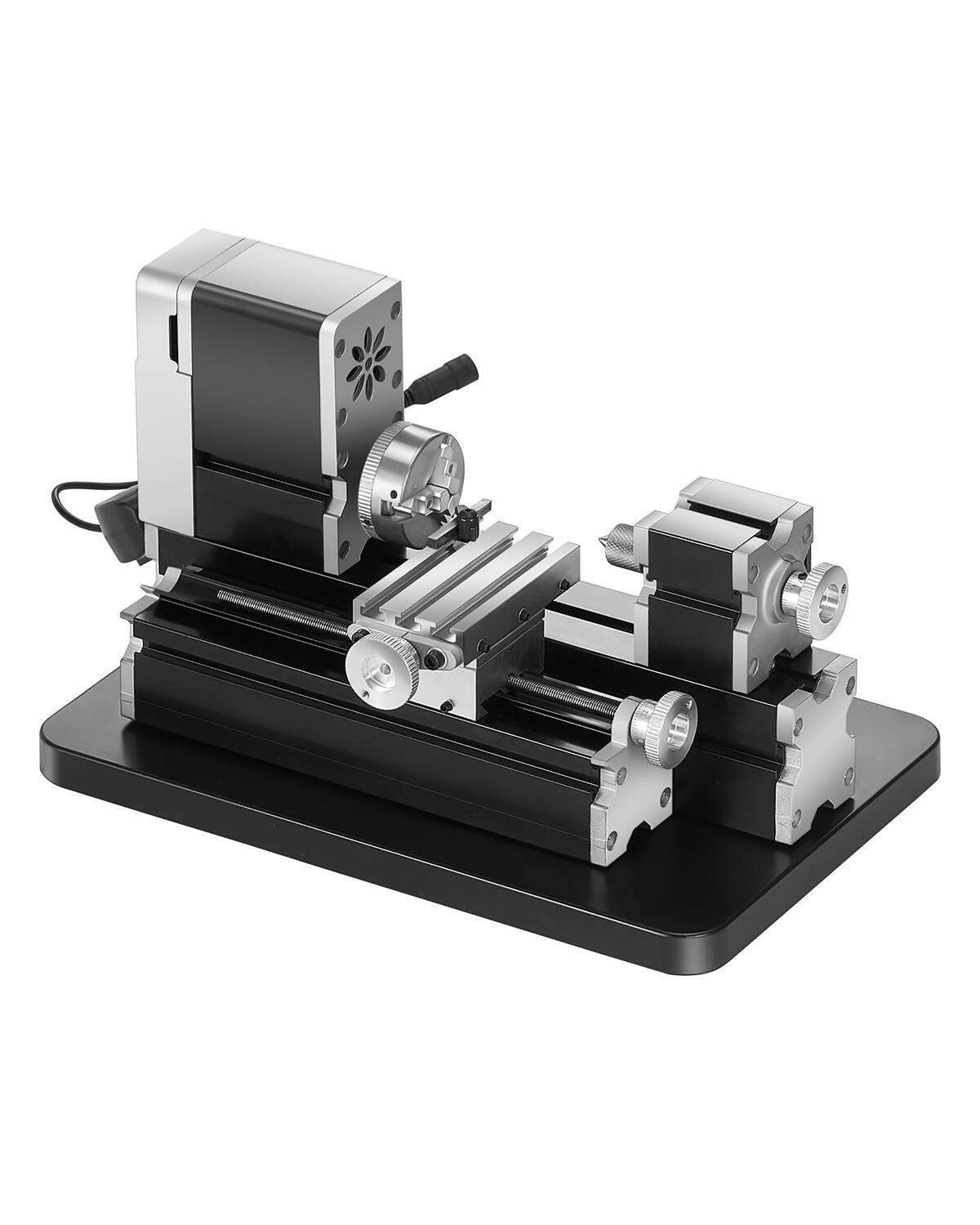 Front. VEVOR - Didactical Mini Metal Lathe Machine, 2.76 x 5.12 in, 36W Power Metal Lathe, 20,000 RPM Speed, with 3-jaw Chuck - Black;Silver.