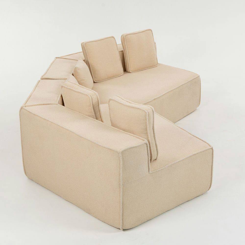 Back. Kadyn - 132" Oversized Teddy Modular Sofa - Full-Foam Couch with 6 Pillows, High-Density Support for Family Living Rooms - Beige.