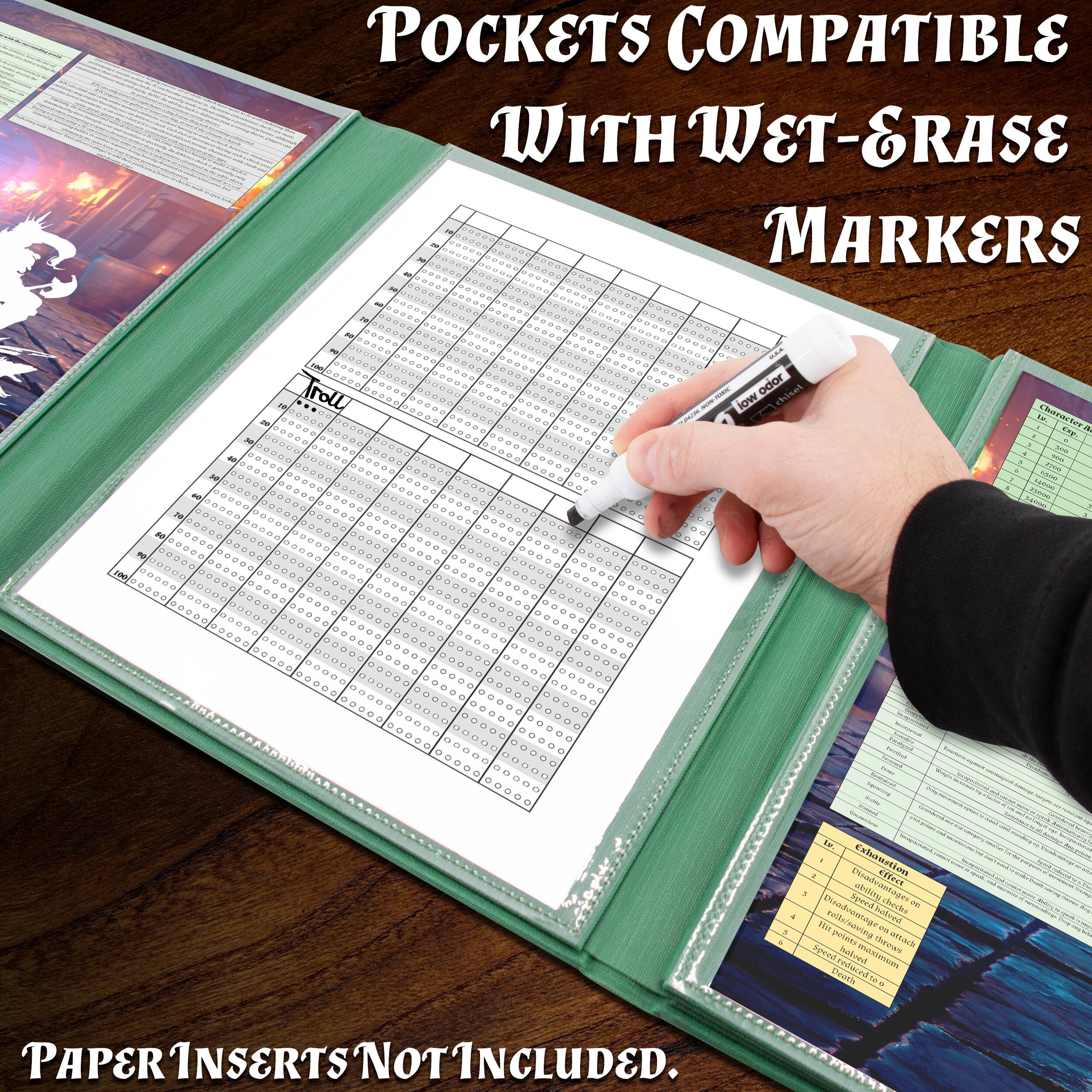 POCKETS COMPATIBLE WITH WET-ERASE MARKERS

PAPER INSERTS NOT INCLUDED.