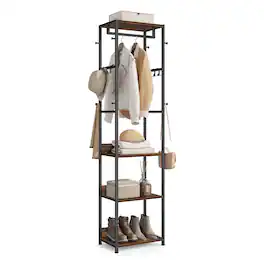 Songmics Home - Freestanding Portable Closet, Clothes Rack with Shelves, Hanging Rail, and Hooks, Space-Saving Coat Stand, Steel Frame - Ink Black and Rustic Brown