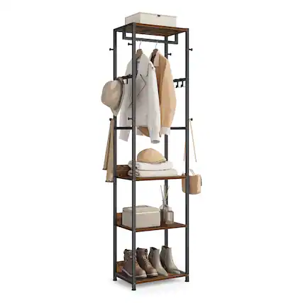 Front. Songmics Home - Freestanding Portable Closet, Clothes Rack with Shelves, Hanging Rail, and Hooks, Space-Saving Coat Stand, Steel Frame - Ink Black and Rustic Brown.