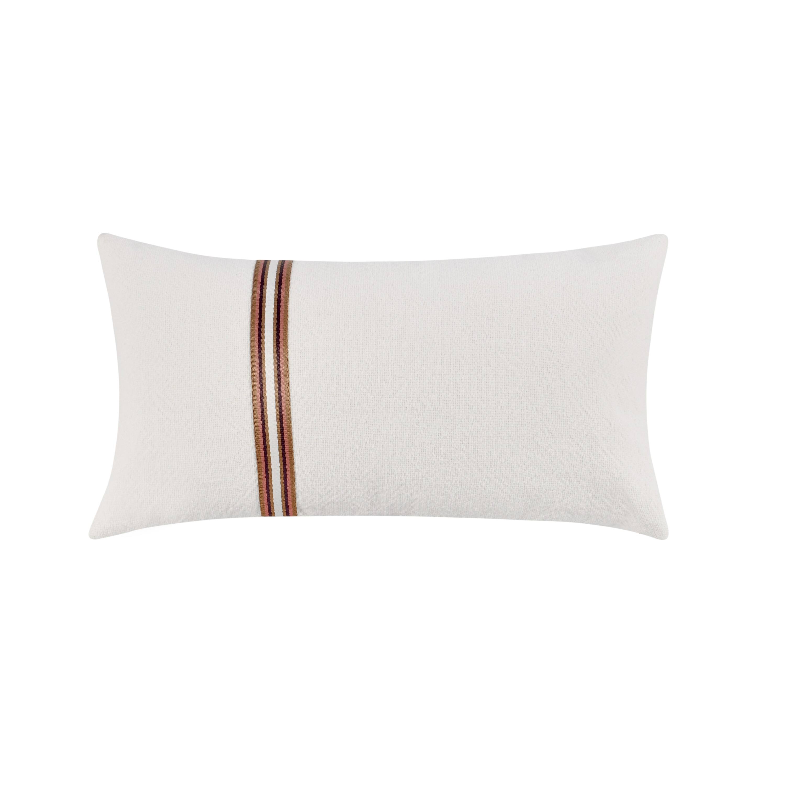 Front. Manhattan Lane - Leno Lumbar Accent Throw Pillow, 14x26,  Stripe Accent Linen - Ivory, Sangria Red.