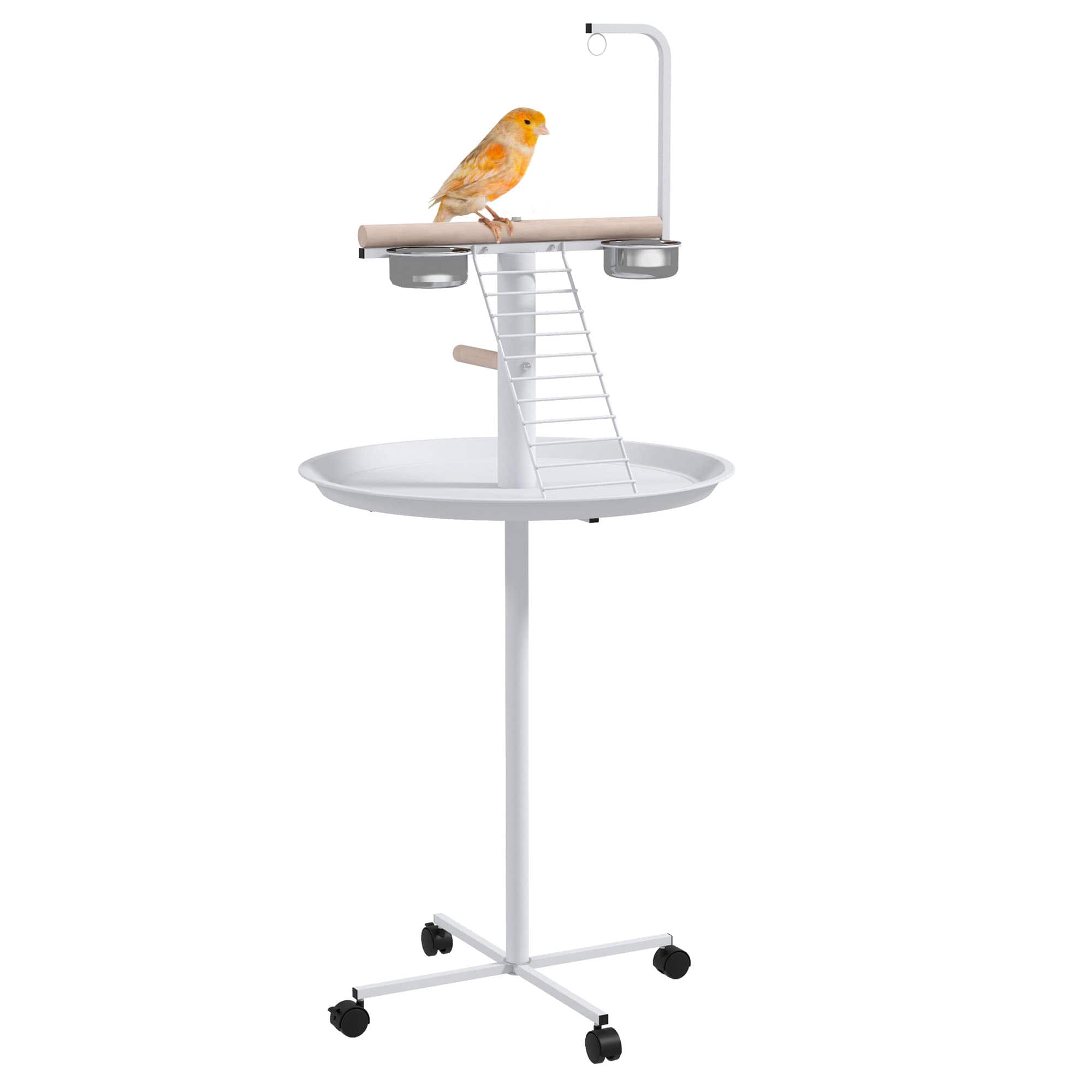 Front. Pawhut - Bird Stand, Parrot Stand with Wheels, Perches, Stainless Steel Feed Bowls, Round Tray, Bird Play Stand, Indoor Outdoor - White.