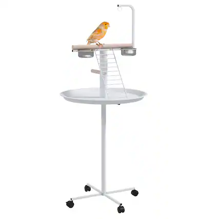 Front. Pawhut - Bird Stand, Parrot Stand with Wheels, Perches, Stainless Steel Feed Bowls, Round Tray, Bird Play Stand, Indoor Outdoor - White.