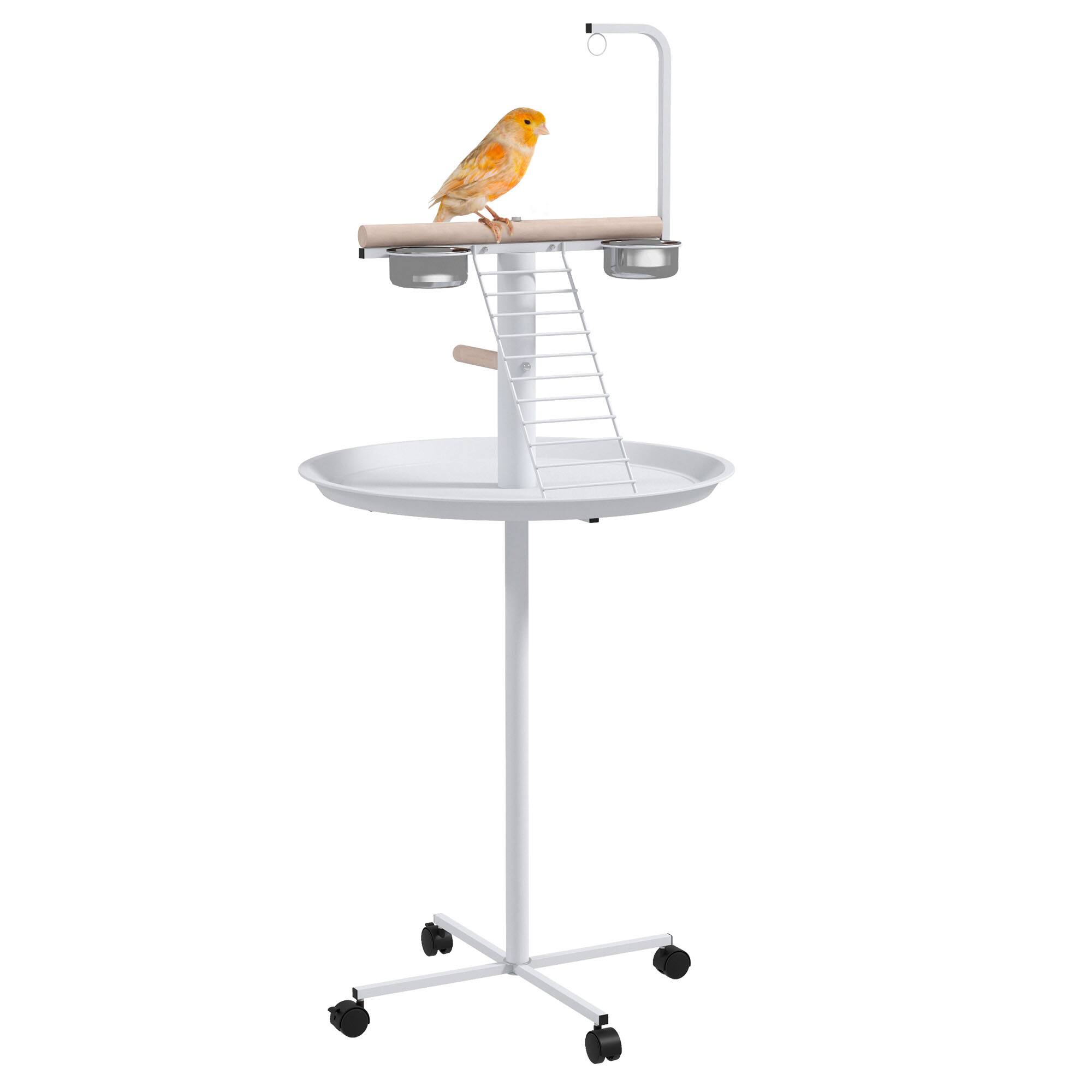 Front. Pawhut - Bird Stand, Parrot Stand with Wheels, Perches, Stainless Steel Feed Bowls, Round Tray, Bird Play Stand, Indoor Outdoor - White.