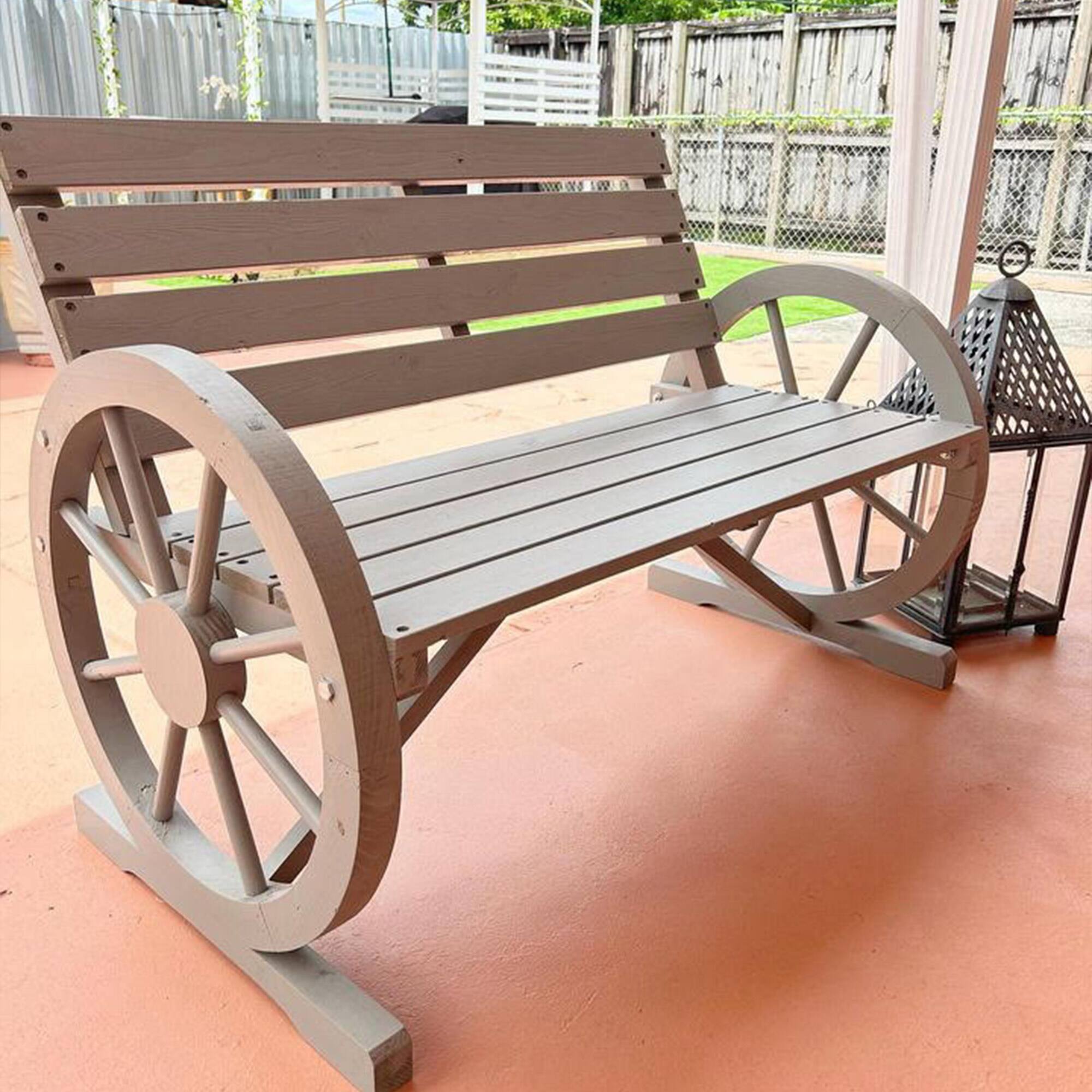 Alt View 7. Outsunny - 41" Wooden Wagon Wheel Bench, Rustic Outdoor Patio Weather Resistance Furniture, 2-Seat Bench with Backrest - Charcoal Grey.