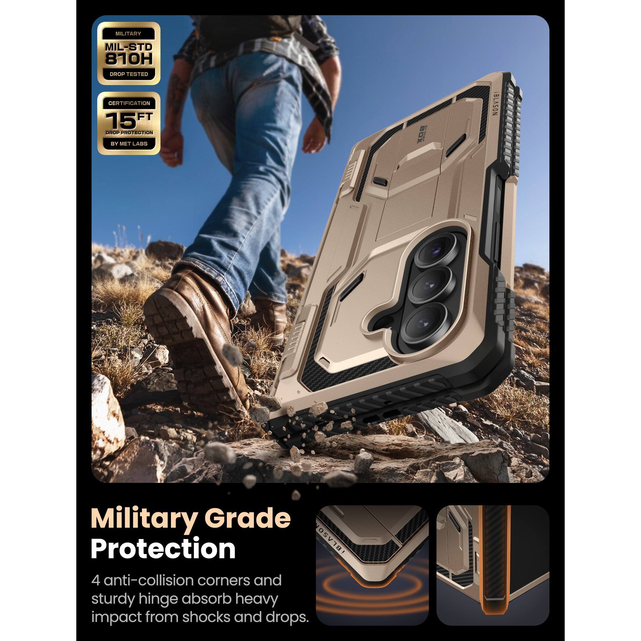 MILITARY  
MIL-STD 810H  
DROP TESTED  

CERTIFICATION  
15FT DROP PROTECTION  
BY MET LABS  

Military Grade Protection  
4 anti-collision corners and sturdy hinge absorb heavy impact from shocks and drops.
