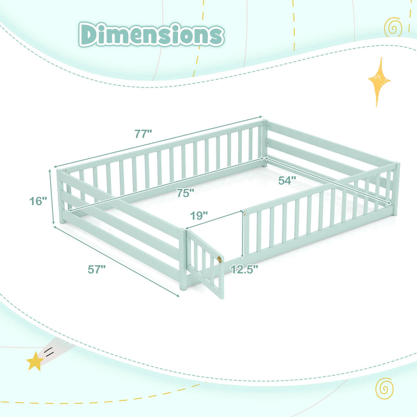 Dimensions:  
- Length: 77"  
- Width: 54"  
- Height: 16"  
- Inside Length: 75"  
- Inside Width: 57"  
- Inside Height: 19"  
- Rail Height: 12.5"
