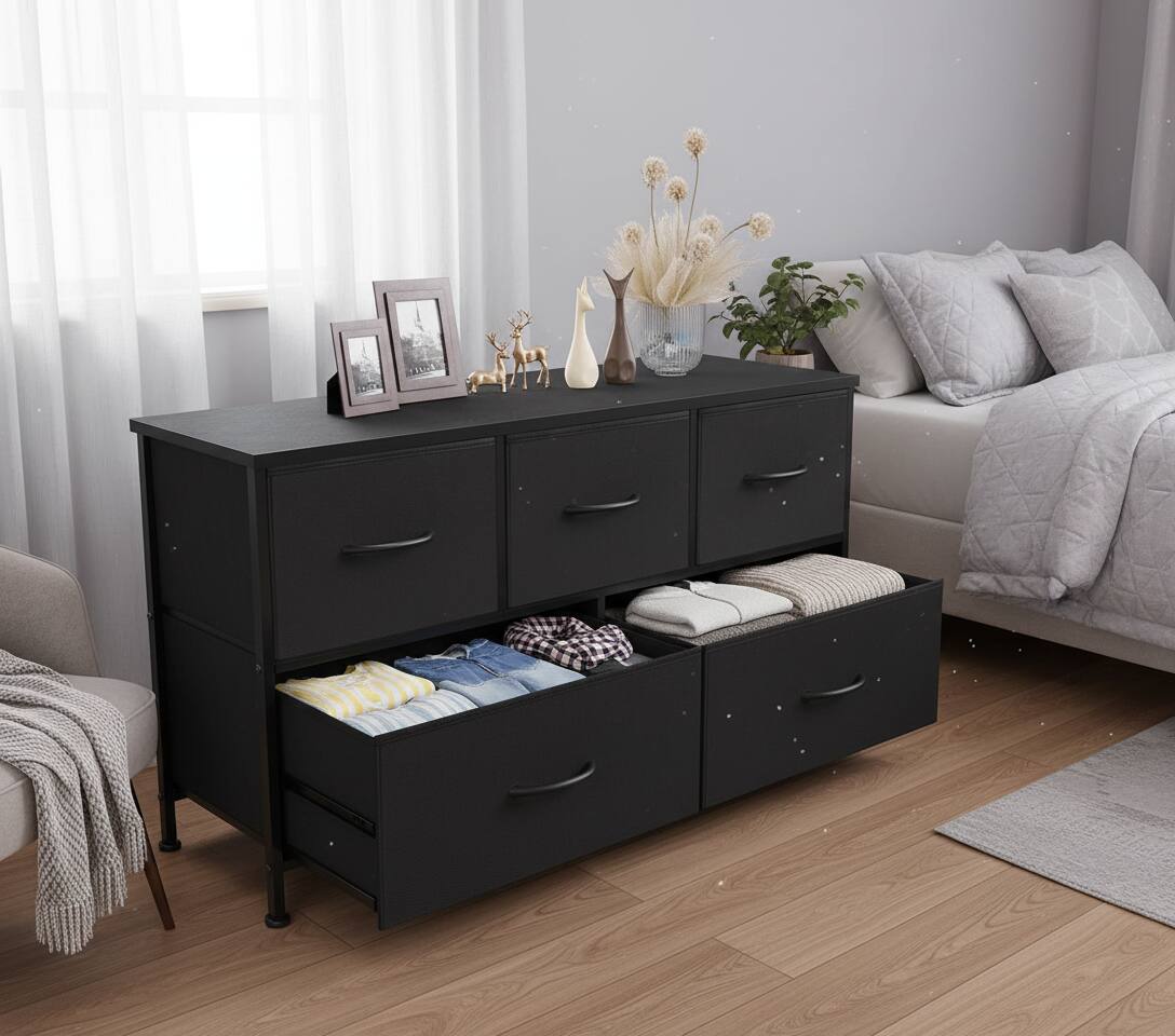 Alt View 6. AOITUN - 5 Drawer Fabric Dressers for Bedroom, Chest of Drawer Organizer Storage Cabinet for Closet, Entryway, Black - Black.