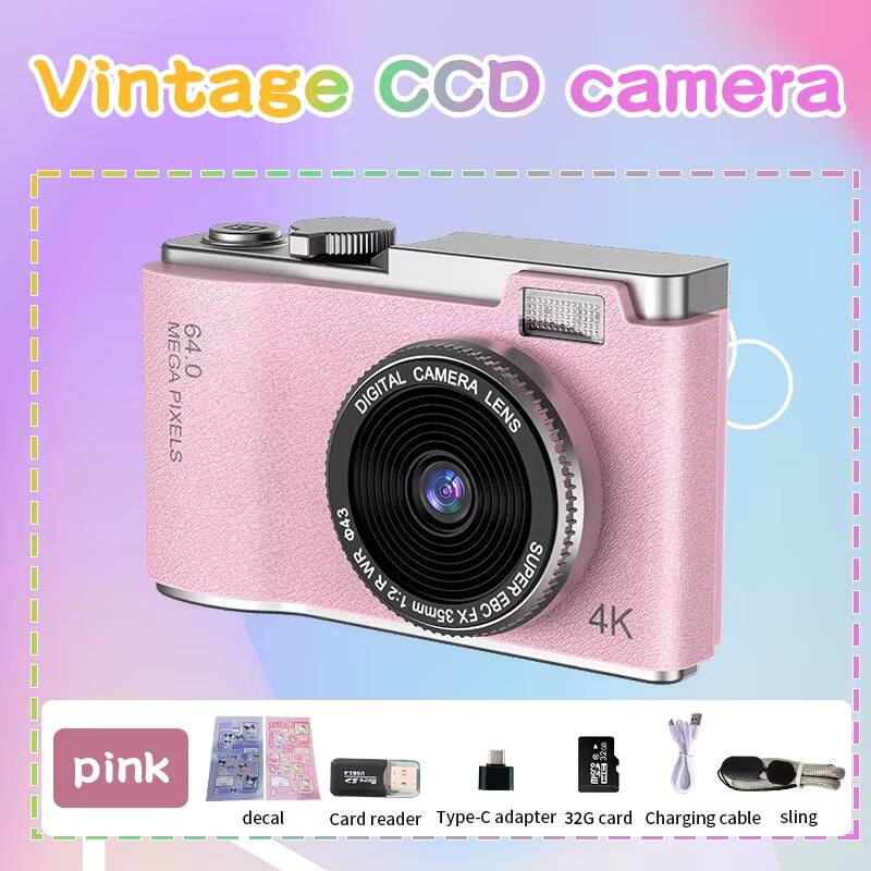 Vintage CCD camera  
MEGA 640 PIXELS  
DIGITAL CAMERA LENS 43mm WR SUPER R 1:2 EBC 35mm FX 4K  
pink decal  
Card reader  
Type-C adapter  
32G card  
Charging cable  
sling