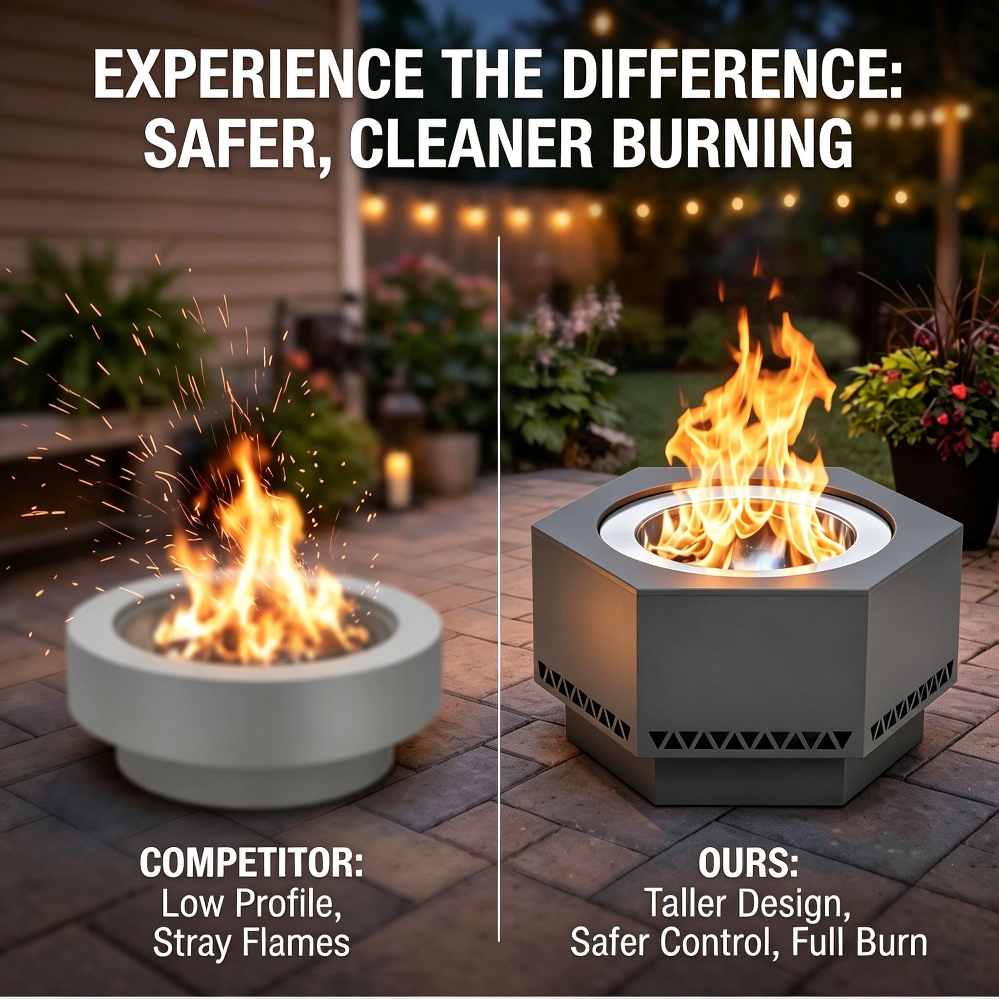 EXPERIENCE THE DIFFERENCE: SAFER, CLEANER BURNING

COMPETITOR: Low Profile, Stray Flames

OURS: Taller Design, Safer Control, Full Burn