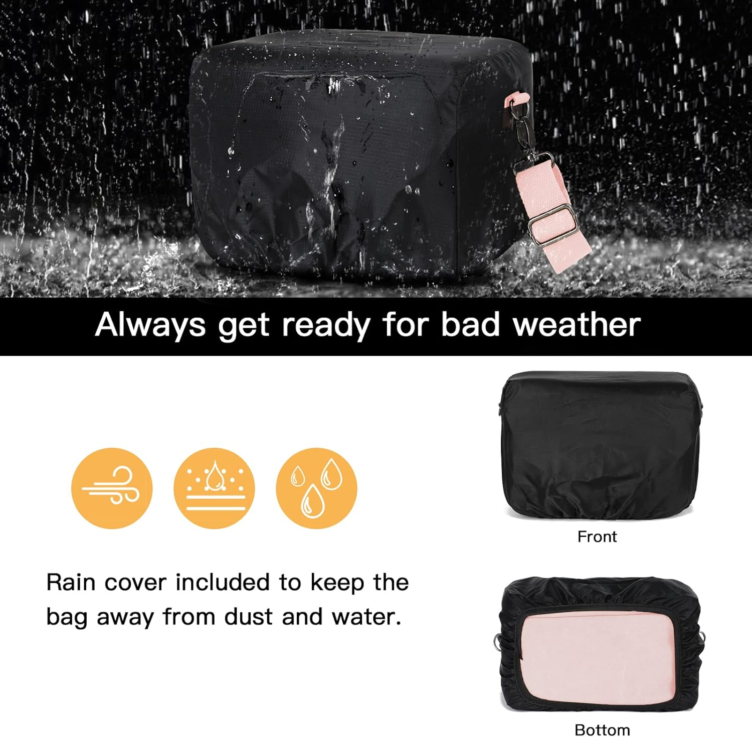 Always get ready for bad weather

Front Rain cover included to keep the bag away from dust and water.

Bottom