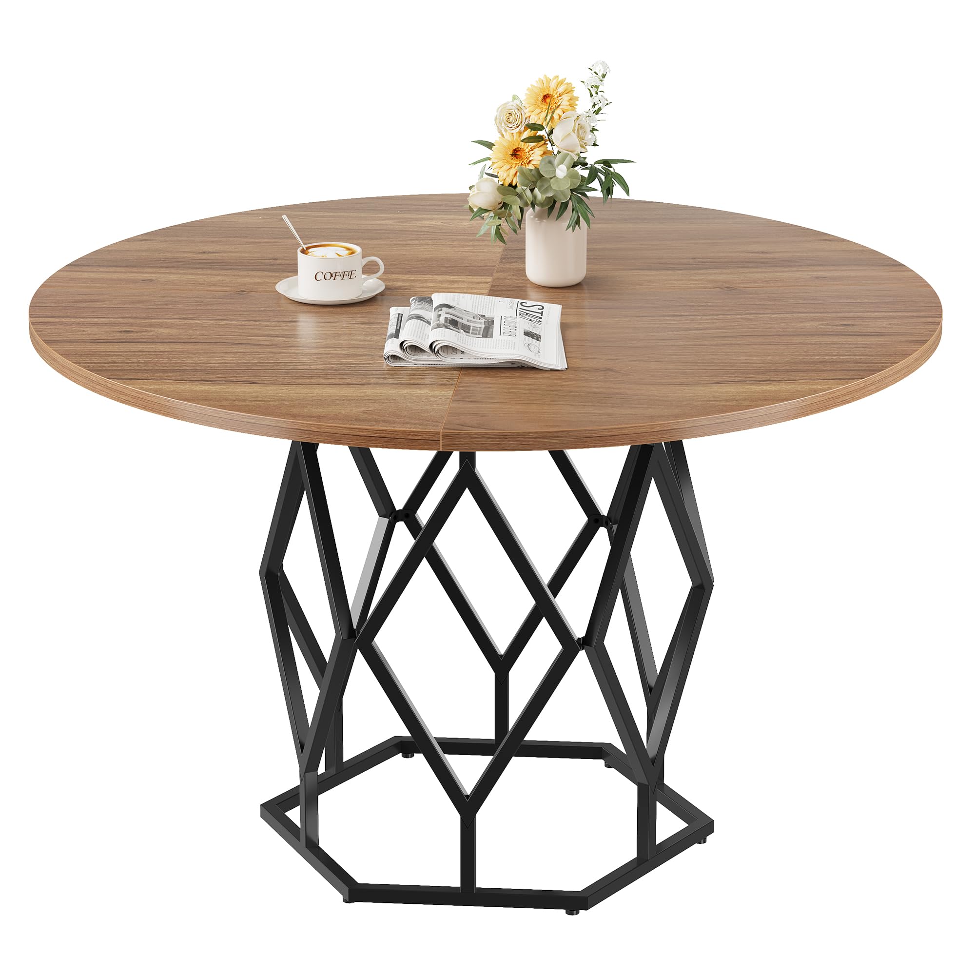 Front. Homhougo - 47 Inch Round Dining Table, Farmhouse Dining Kitchen Table for 4-6 People, Kitchen & Dining Room Tables - Brown.