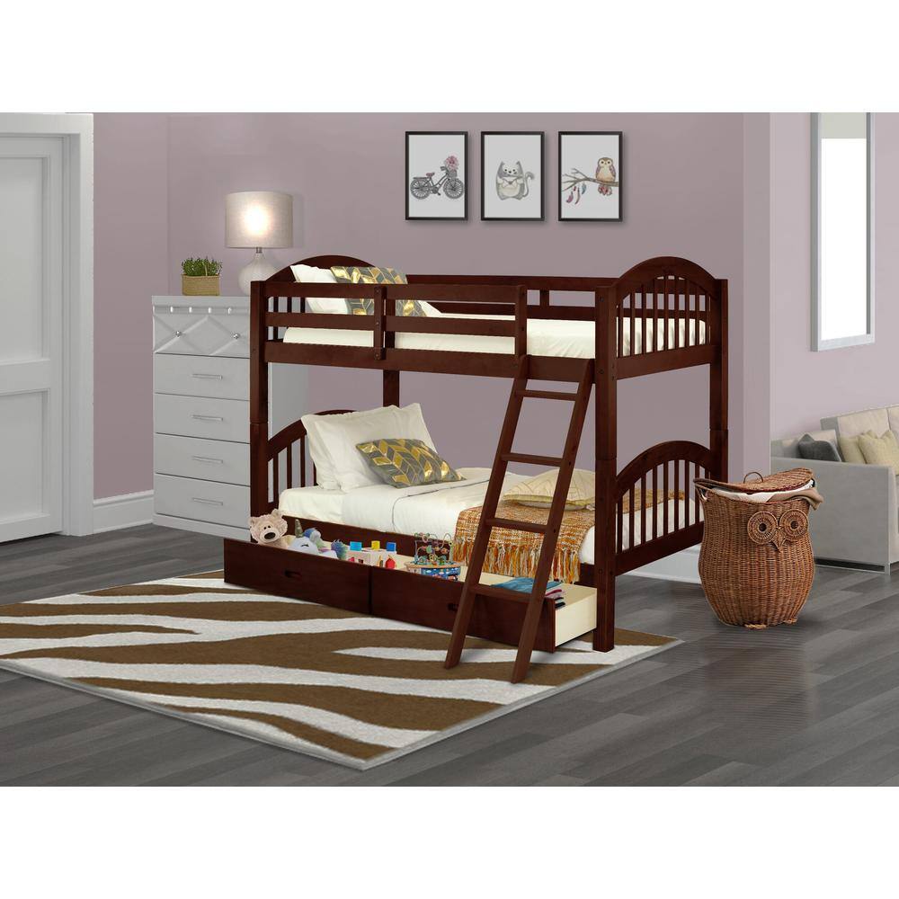 Alt View 3. East West Furniture - Verona Twin Bunk Bed in Java Finish with Under Drawer - Java.