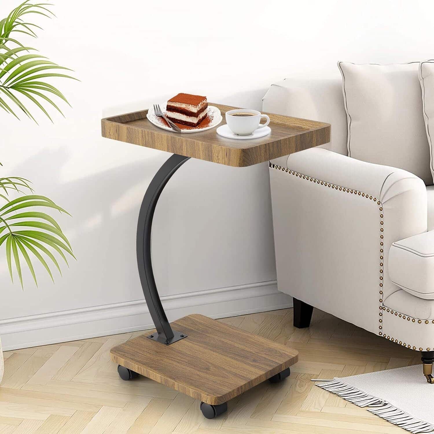 Acekool - C-Shaped Side Table with Wheels, End Table for Small Spaces, Brown