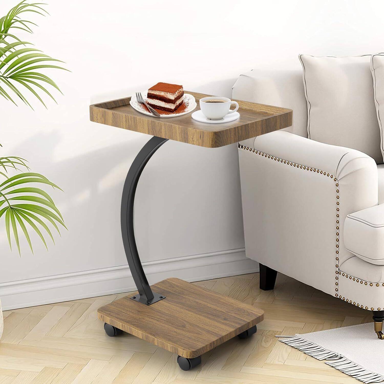 Front. Acekool - C-Shaped Side Table with Wheels, End Table for Small Spaces, Brown.