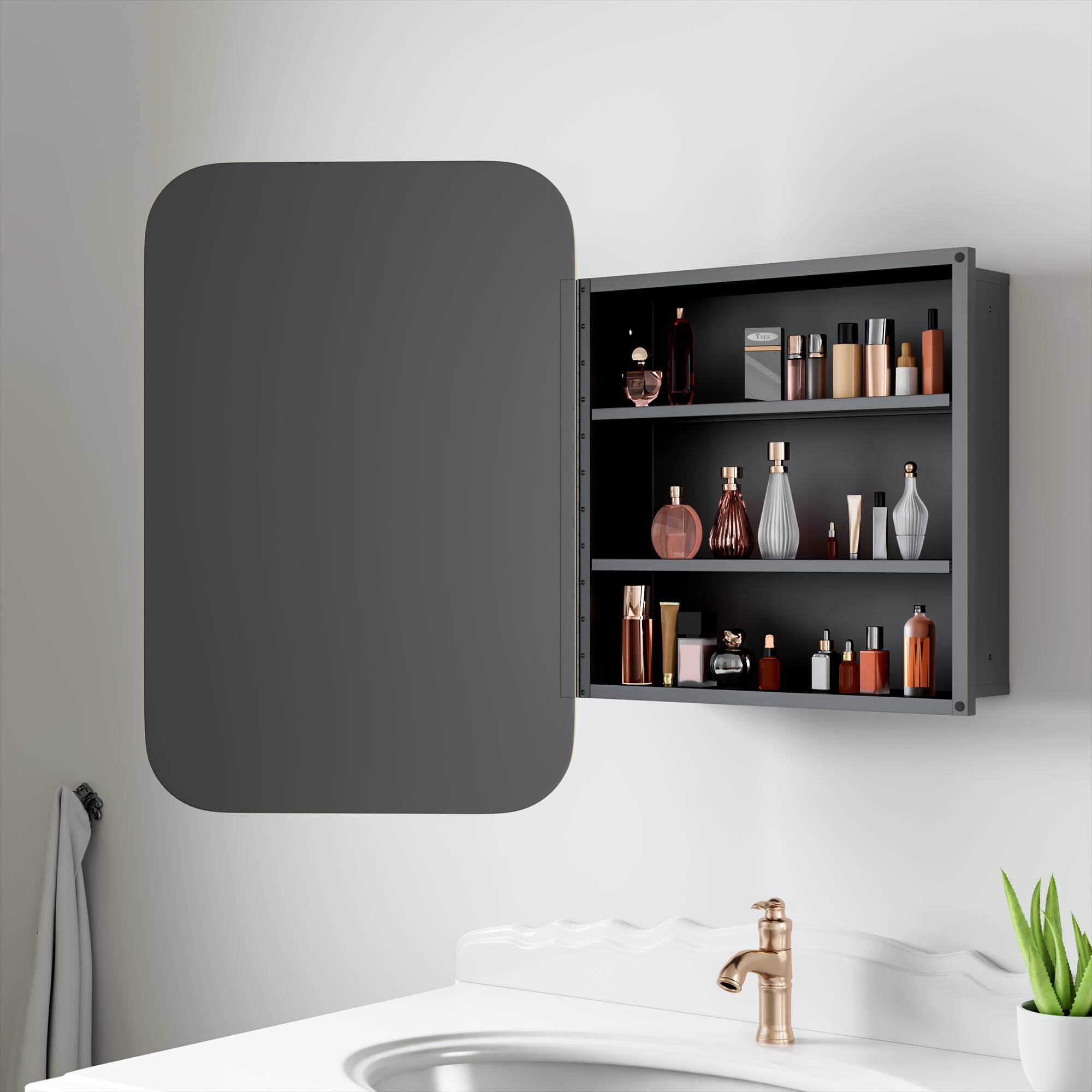 Alt View 5. PexFix - 16" x 24" Rectangular Rounded Corners Mirror Medicine Cabinet - Metal Frame, Recessed or Surface Mount for Bathroom - Gold.
