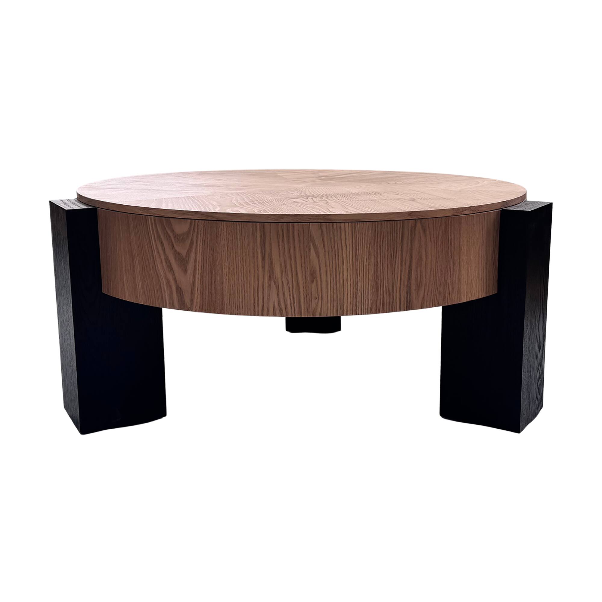 Alt View 10. Loheer - Loheer 33 Inch Round Coffee Table with Hidden Storage Wabi Sabi Wood Parquet Center Accent Table Walnut and Black - Walnut+black.