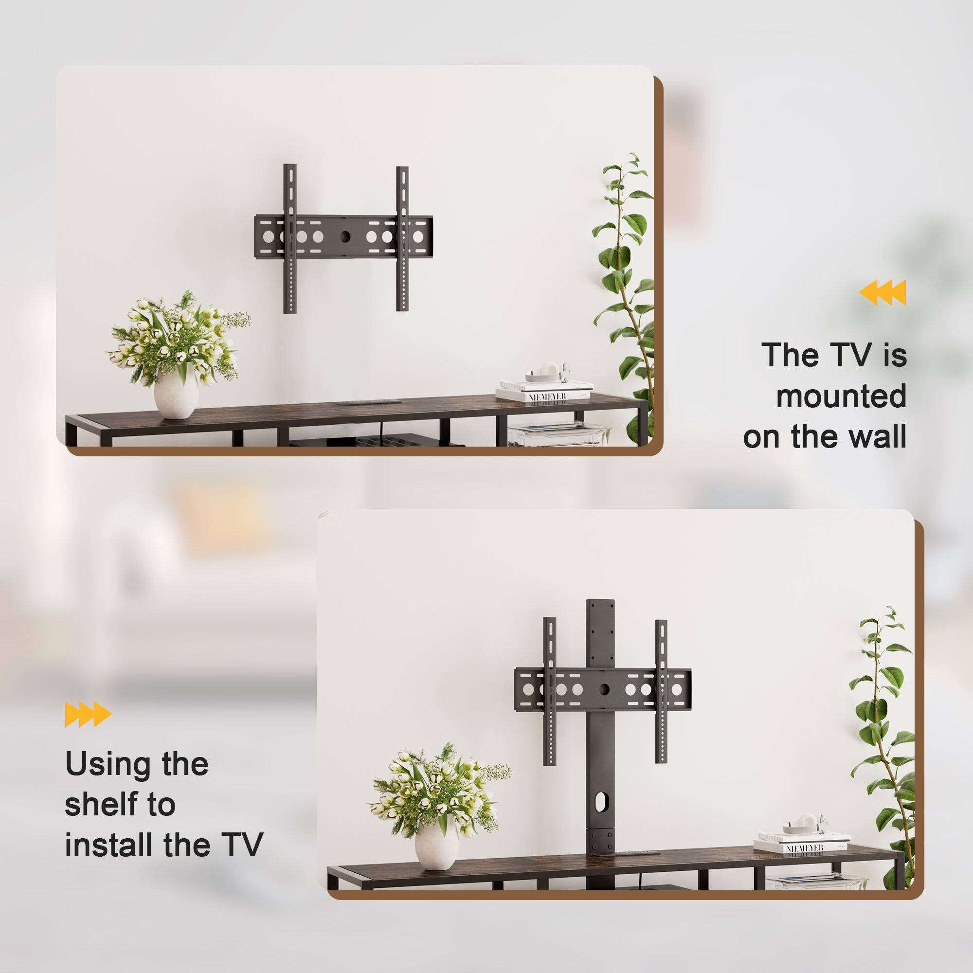The TV is mounted on the wall

Using the shelf to install the TV
