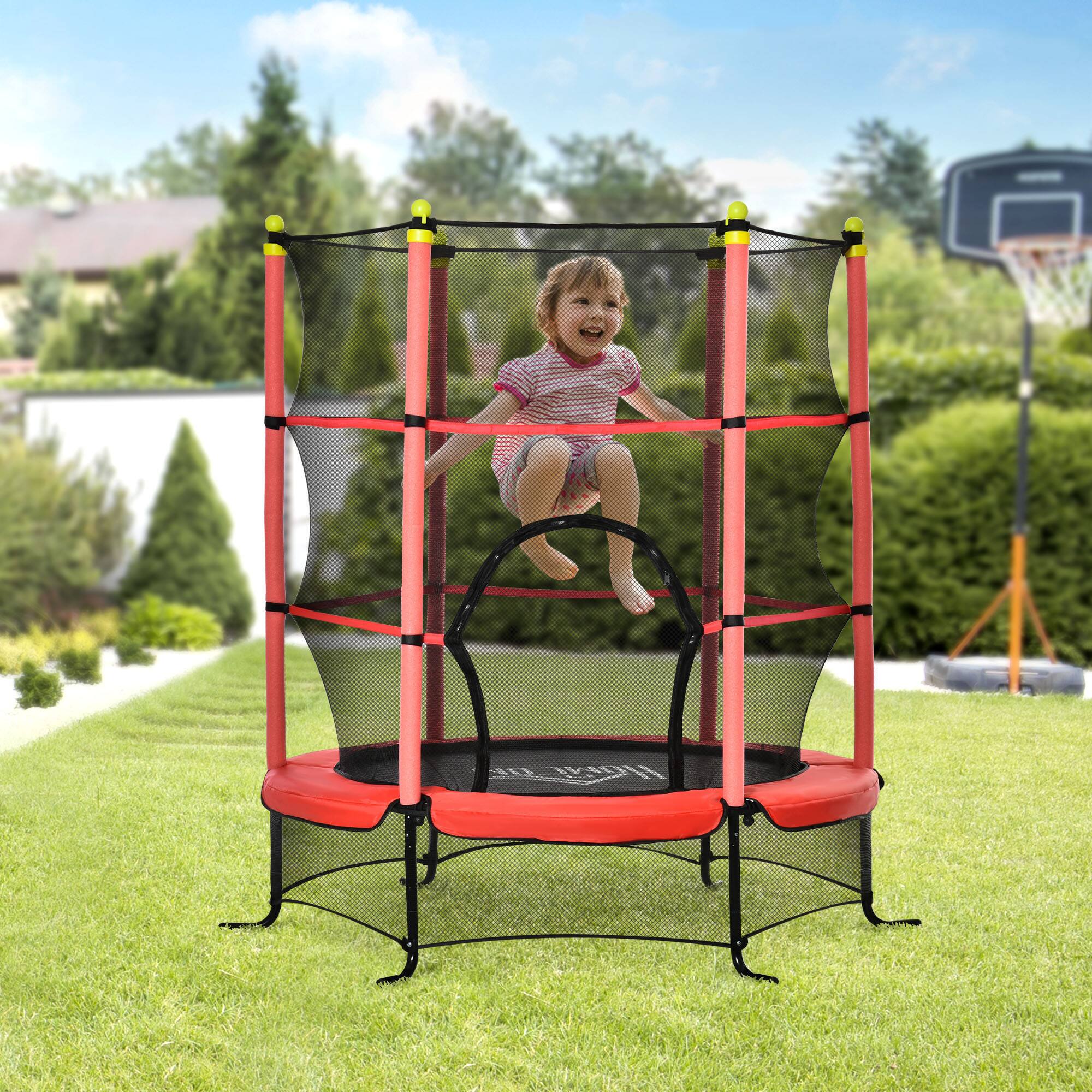 Angle. Soozier - 5.3' Trampoline, 64" Indoor Trampoline, Safety Enclosure, Indoor & Outdoor Use - Red.