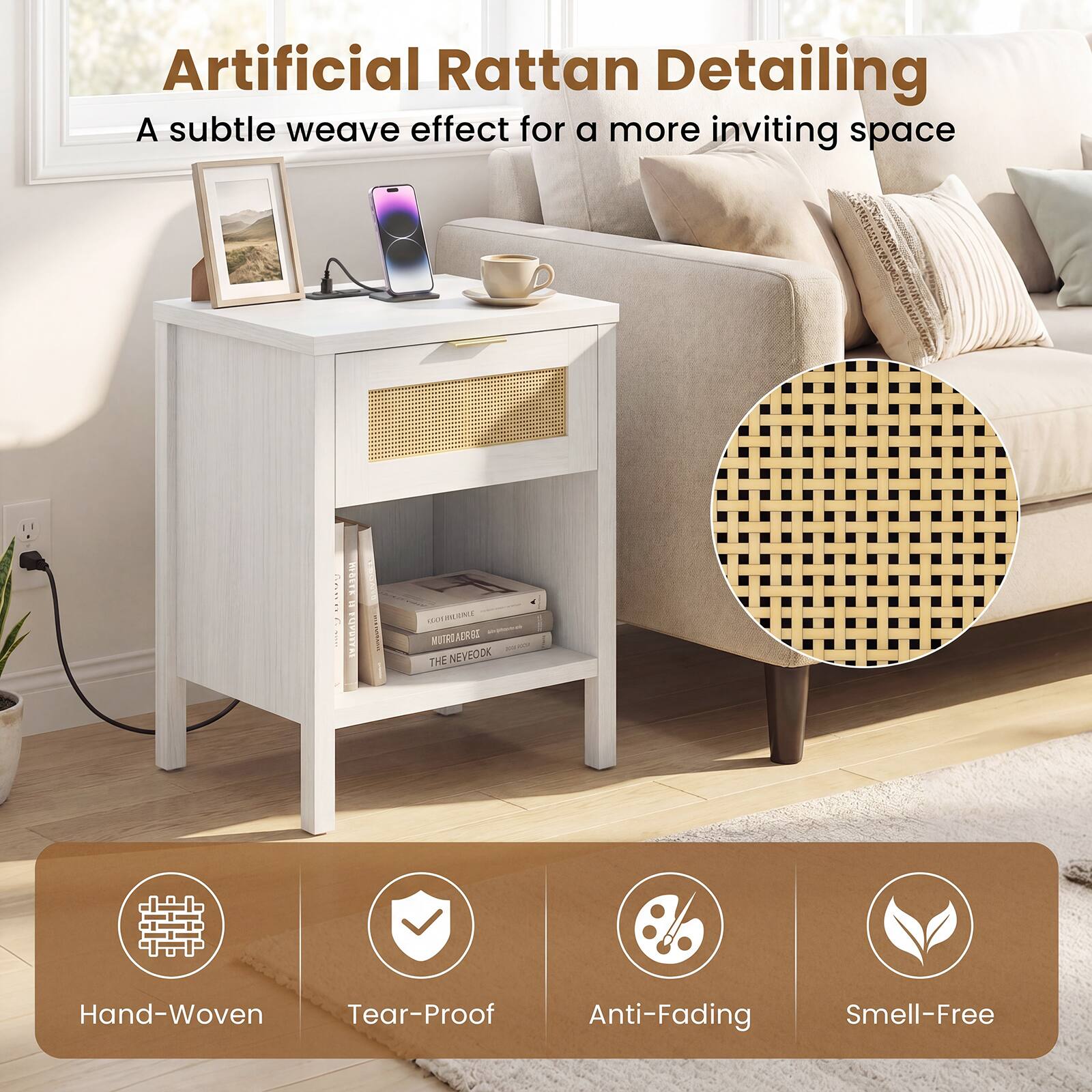 Artificial Rattan Detailing  
A subtle weave effect for a more inviting space  

Hand-Woven  
Tear-Proof  
Anti-Fading  
Smell-Free