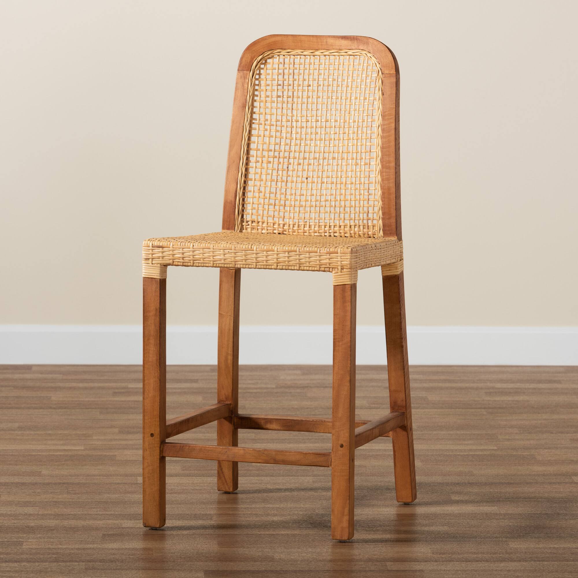 Alt View 5. bali & pari - Caspia Mid-Century Modern Walnut Mahogany Wood and Natural Rattan Counter Stool - Natural Brown/Walnut Brown.