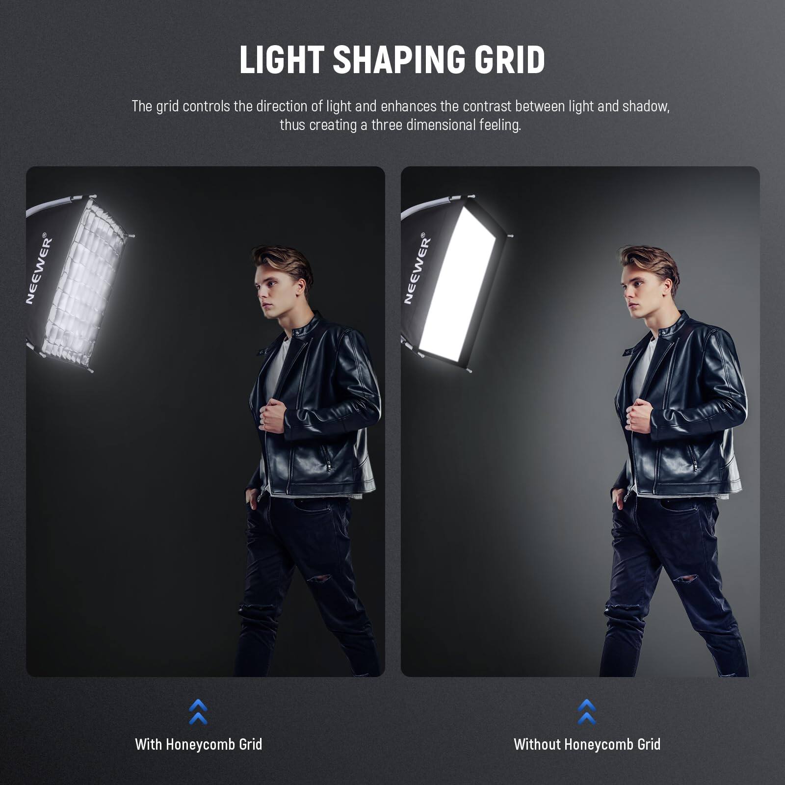 LIGHT SHAPING GRID

The grid controls the direction of light and enhances the contrast between light and shadow, thus creating a three-dimensional feeling.

NEEWER

With Honeycomb Grid

Without Honeycomb Grid